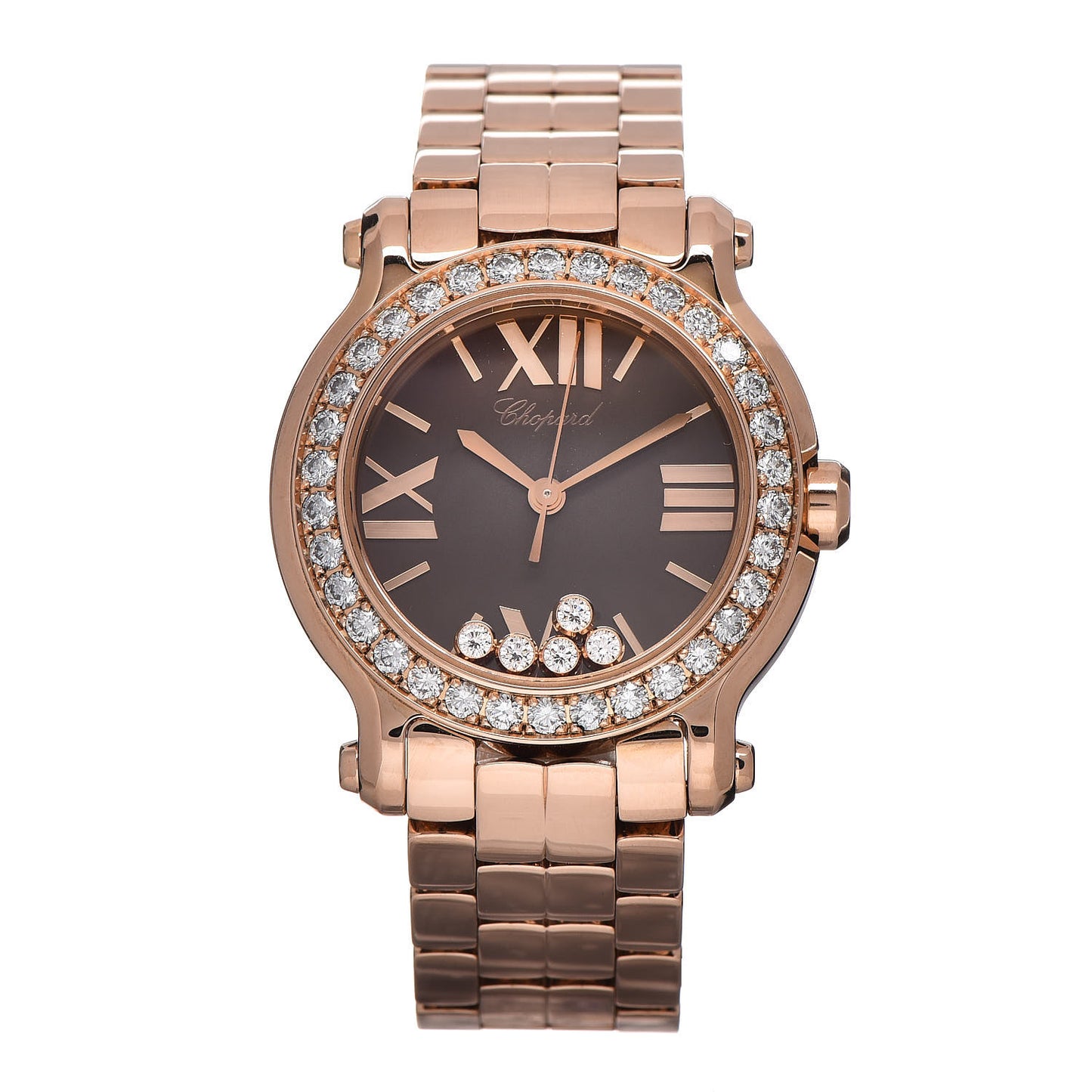 18K Rose Gold Diamond Bezel 30mm Happy Sport Quartz Watch Brown