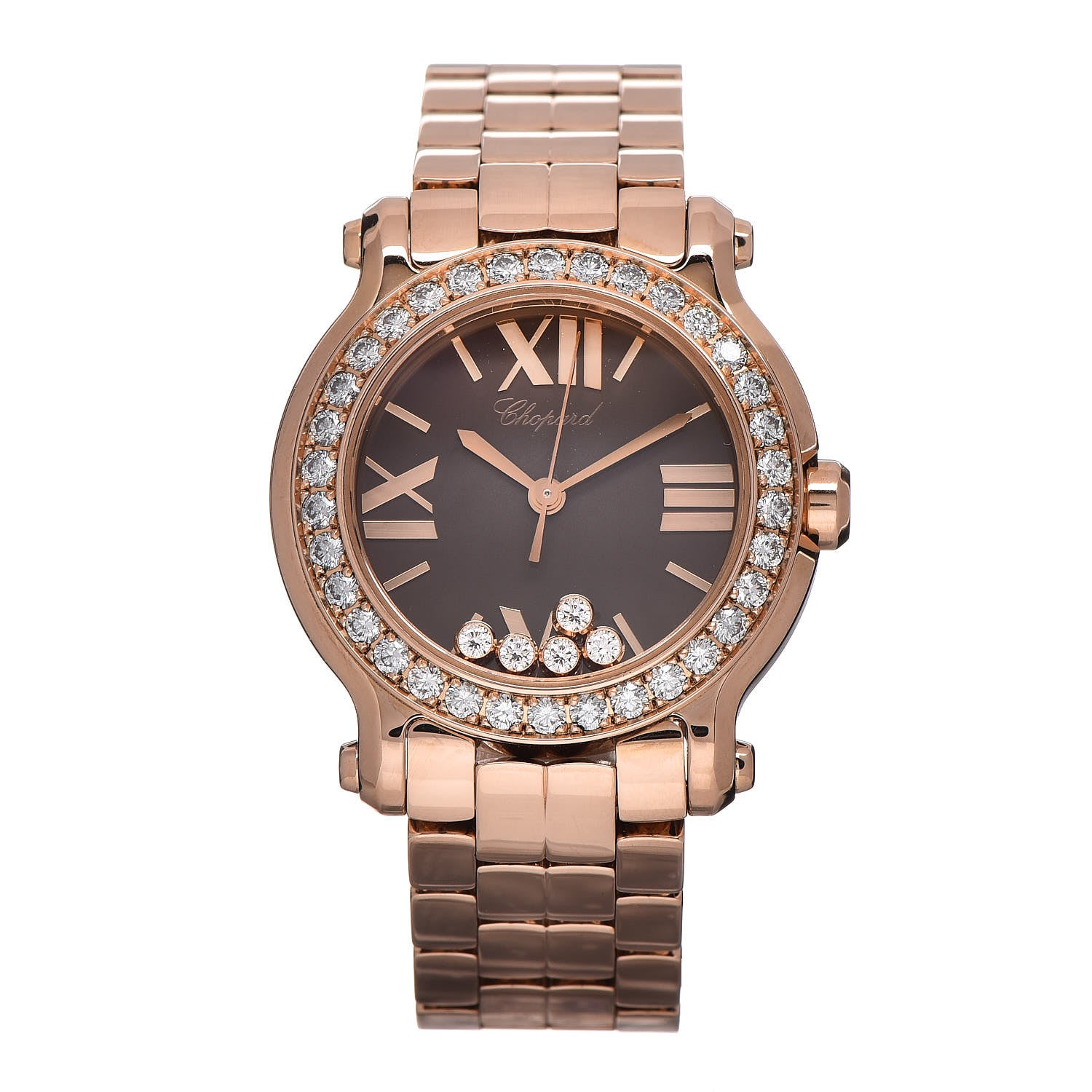 Chopard 18K Rose Gold Diamond Bezel 30mm Happy Sport Quartz Watch Brown 1 of 6