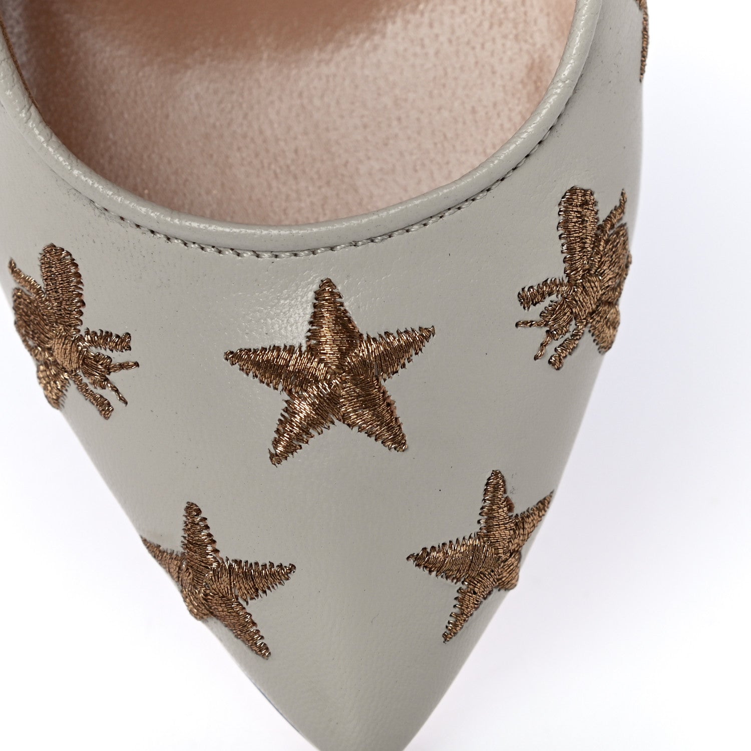 Gucci Malaga Kid Web Bee Star Embroidered Sylvie High Heel Slingback Pumps 35 White 12 of 14