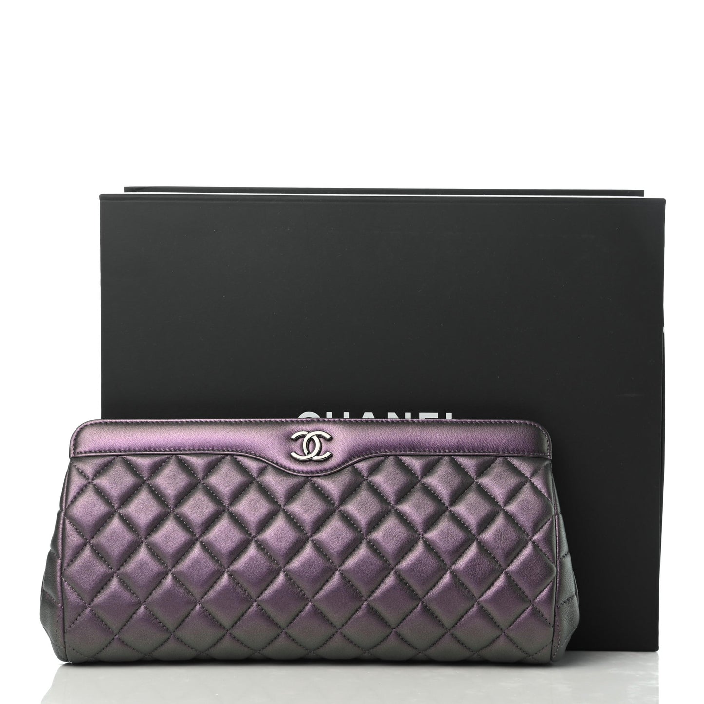 Iridescent Lambskin Quilted Clutch Dark Purple