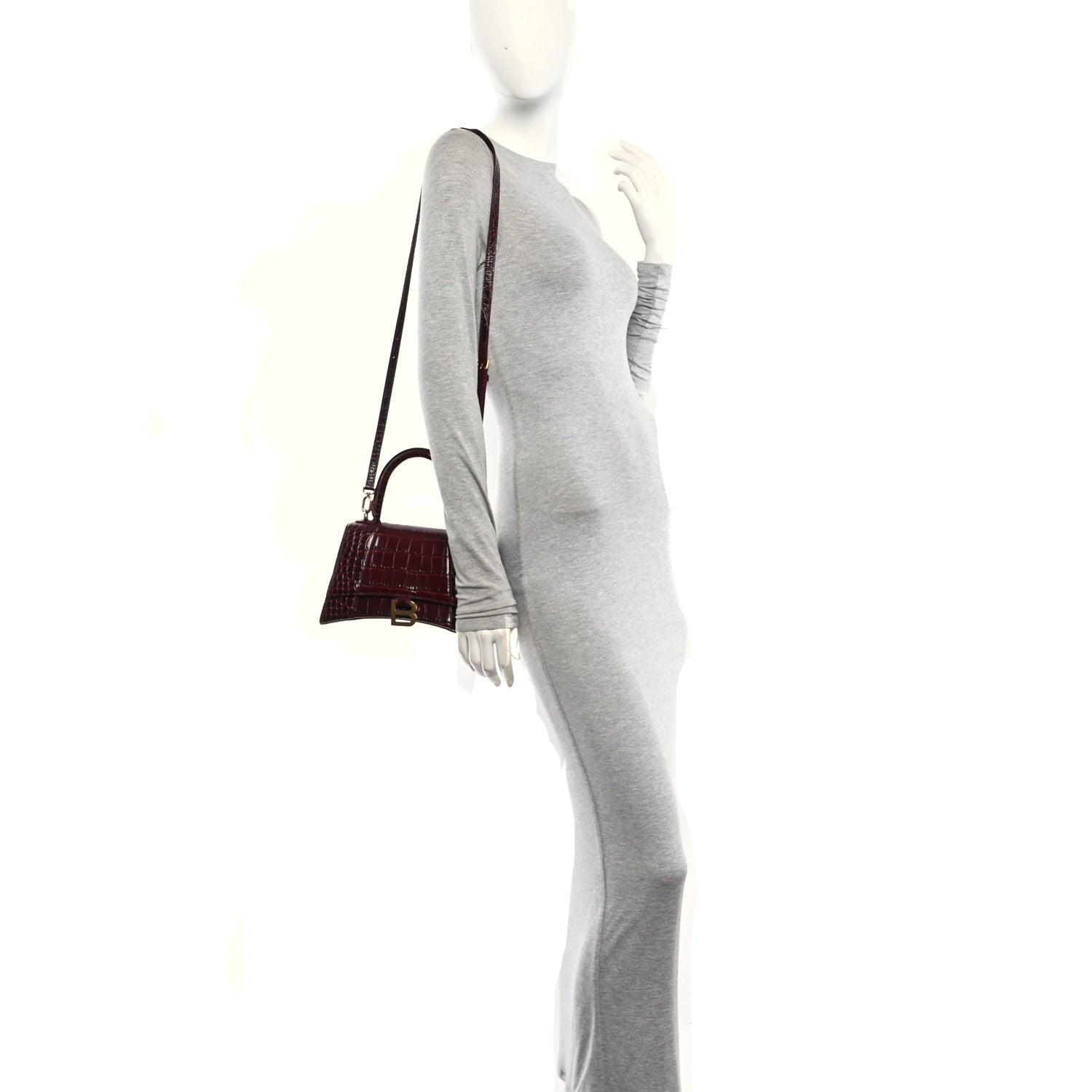 Balenciaga Shiny Calfskin Crocodile Embossed Small Hourglass Top Handle Bag Dark Red 2 of 16
