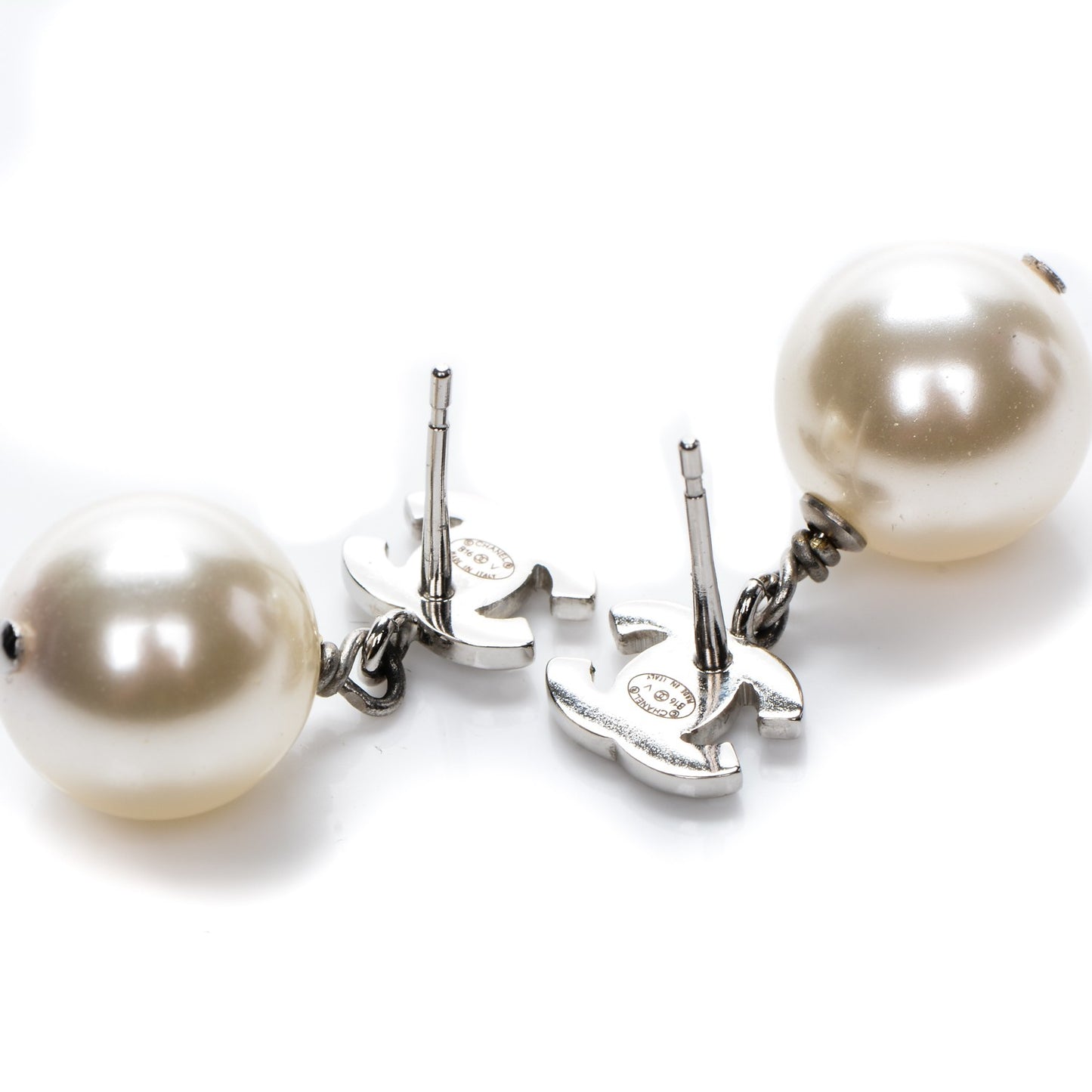Crystal Pearl CC Drop Earrings Silver