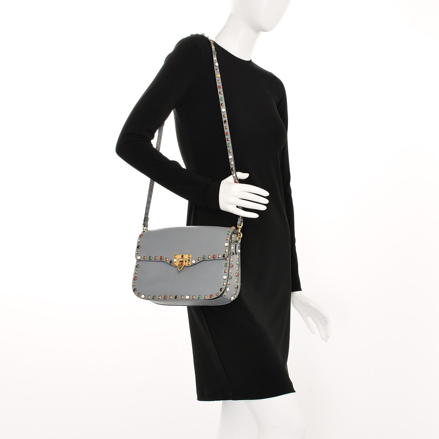 Pebbled Calfskin Medium Rockstud Rolling Flap Saddle Bag Light Stone