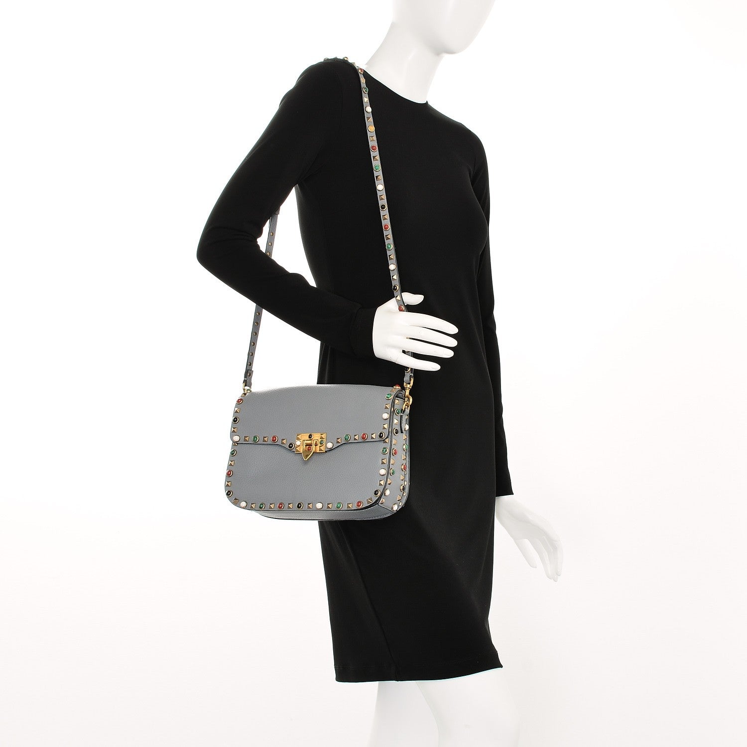 Valentino Garavani Pebbled Calfskin Medium Rockstud Rolling Flap Saddle Bag Light Stone 2 of 11