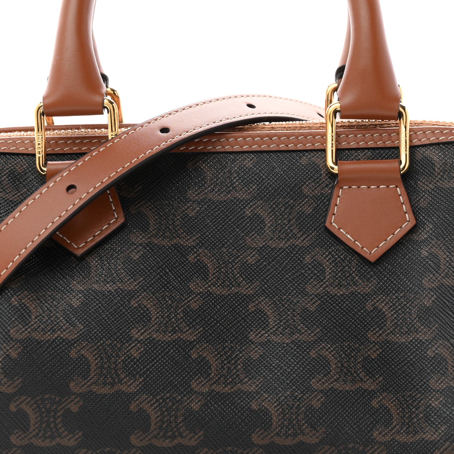 Celine Triomphe Canvas Calfskin Small Boston Bag Tan 7 of 9