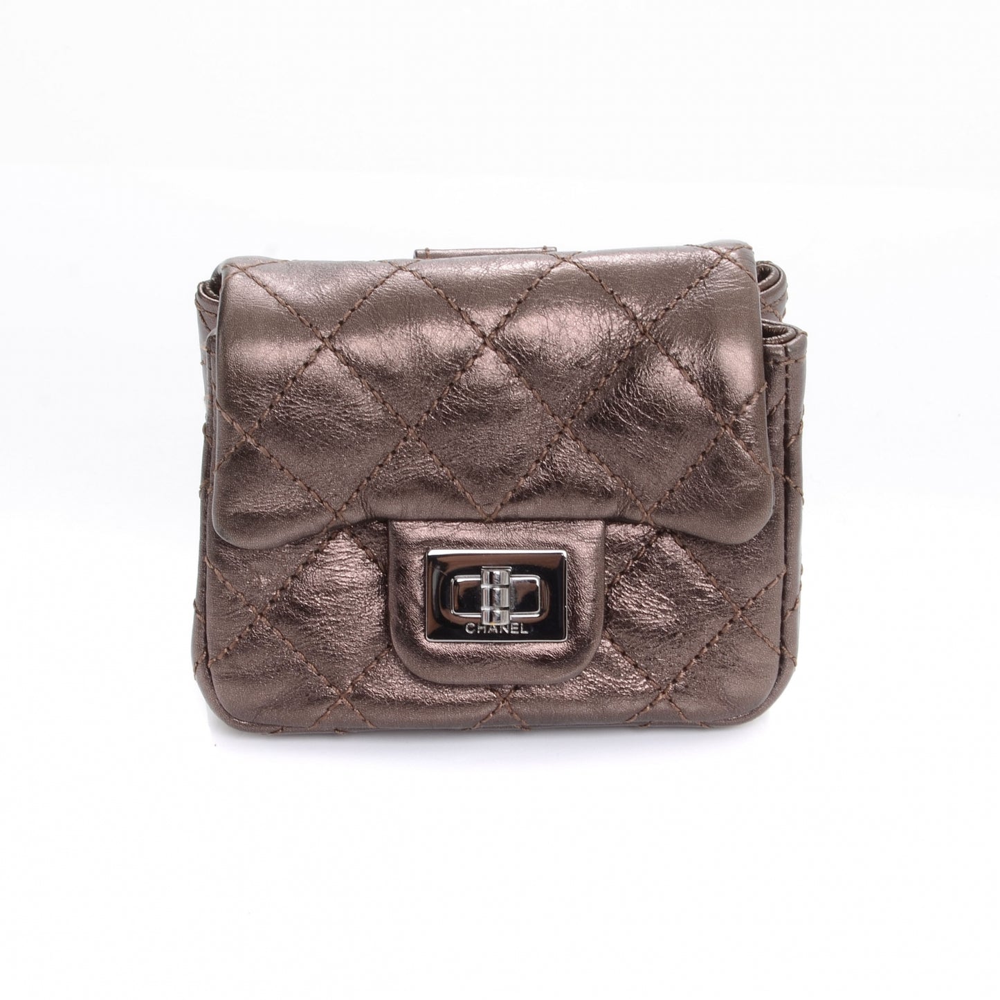 Calfskin Quilted Mini Reissue Pouch Bag Charm Keychain Bronze