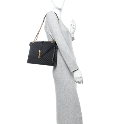 Saint Laurent Grain De Poudre Matelasse Chevron Large Monogram Satchel Black 3 of 12