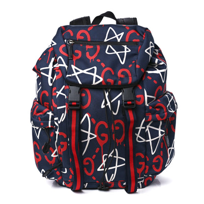 Gucci Techno Canvas GucciGhost Double Buckle Backpack Blue Agata Hibiscus Red 1 of 13