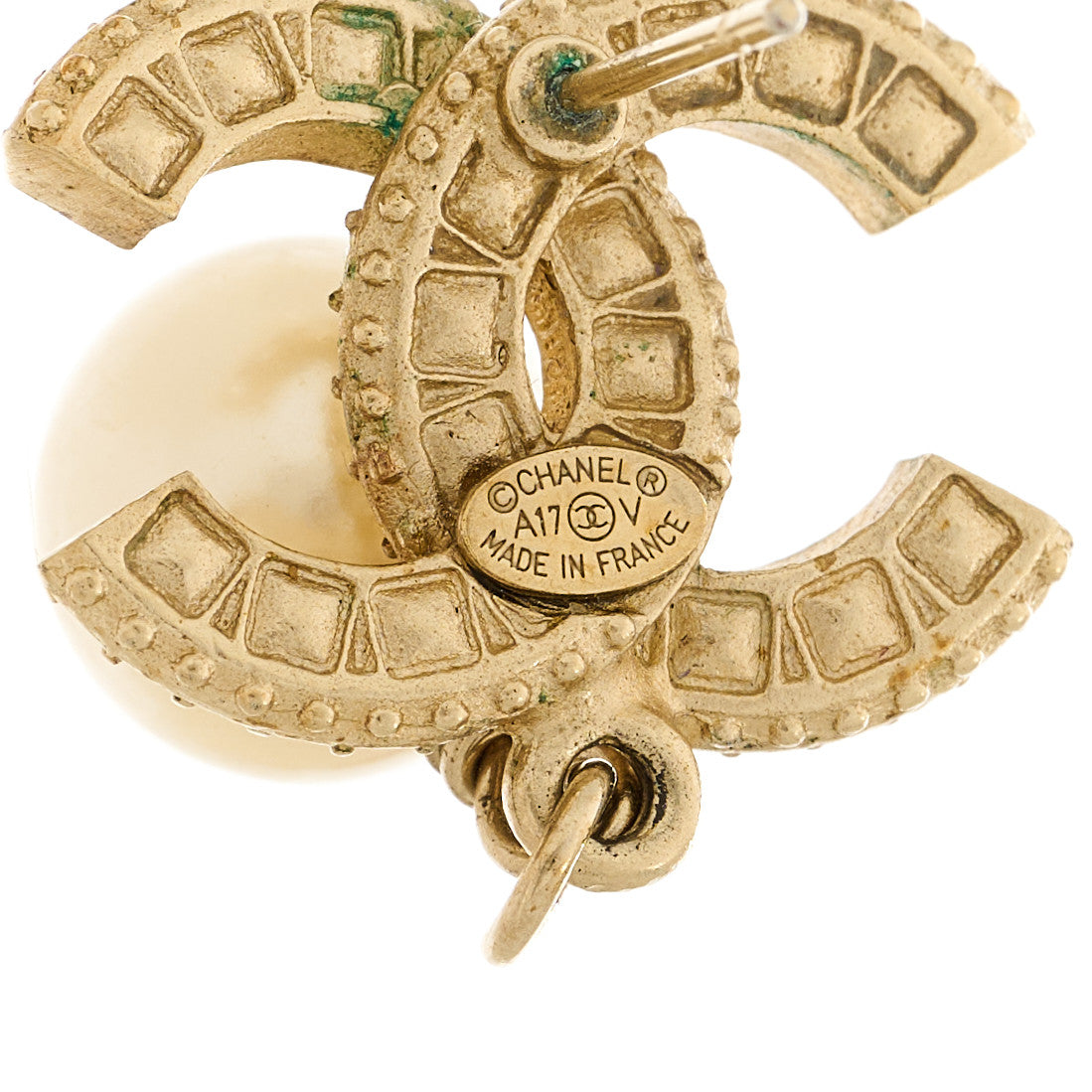 Chanel Crystal Pearl CC Drop Earrings Light Gold 4 of 5