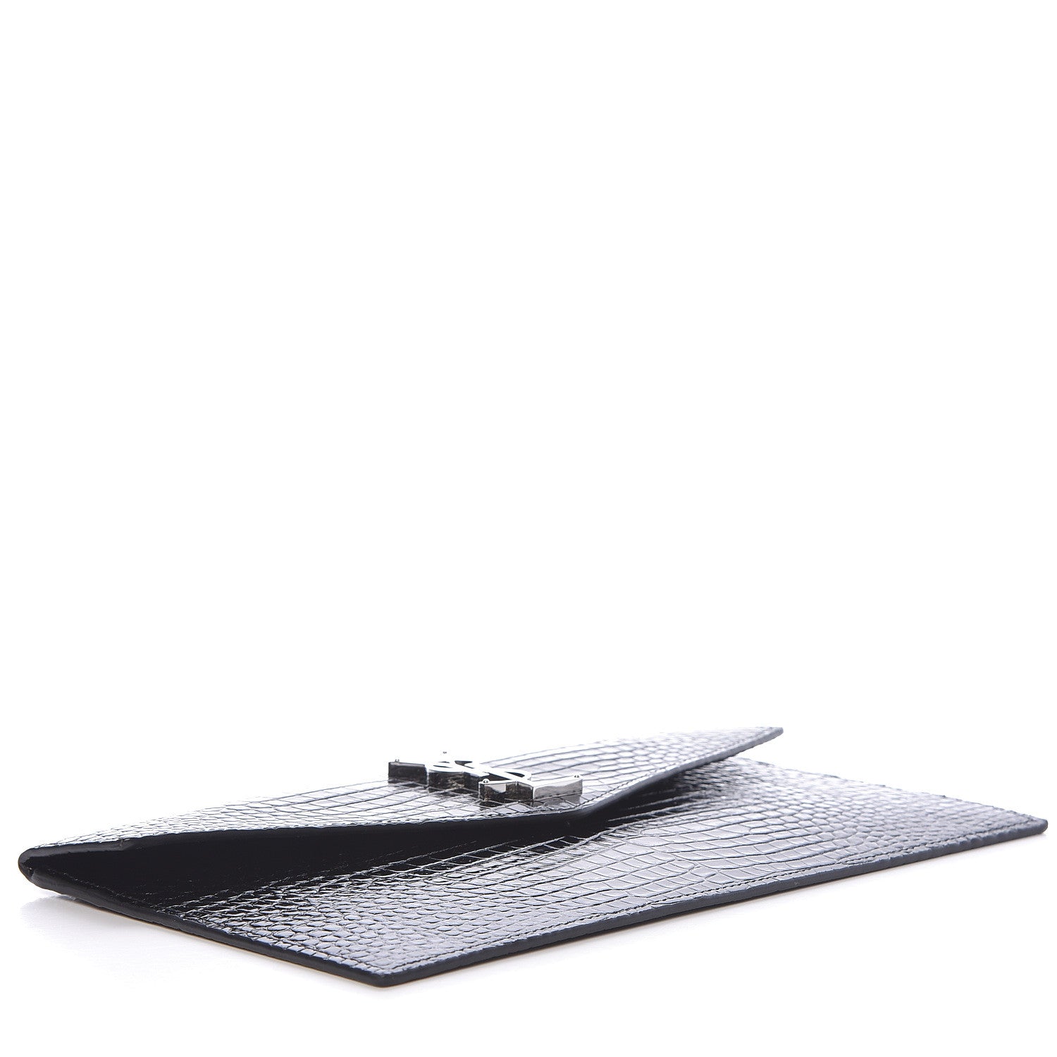 Saint Laurent Calfskin Crocodile Embossed Uptown Monogram Clutch Black 4 of 8