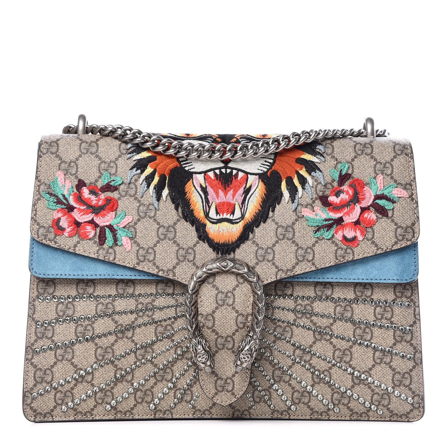 GG Supreme Monogram Angry Cat Embroidered Medium Dionysus Shoulder Bag Beige Ultramarine