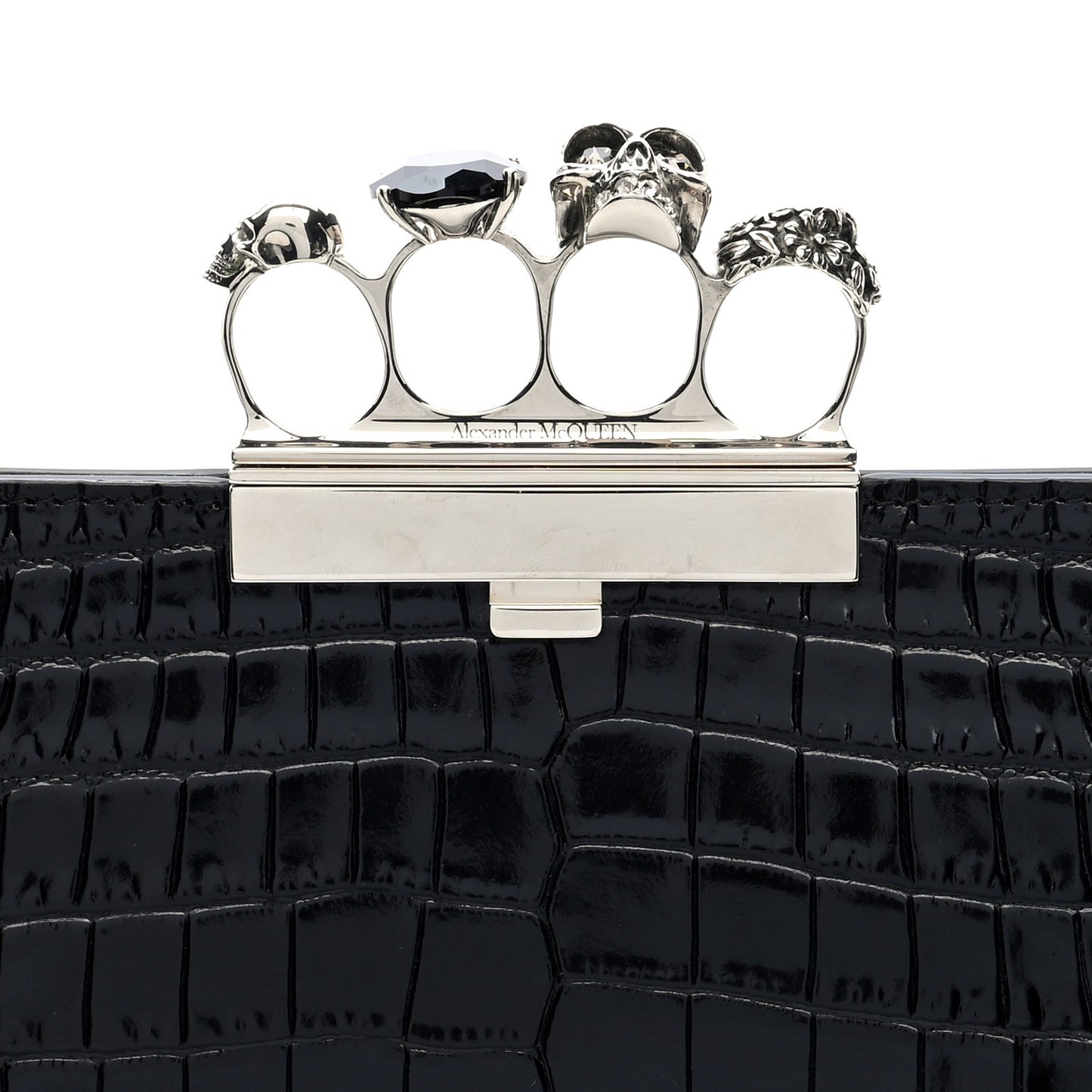 Calfskin Crocodile Embossed Knuckle Flat Clutch Black
