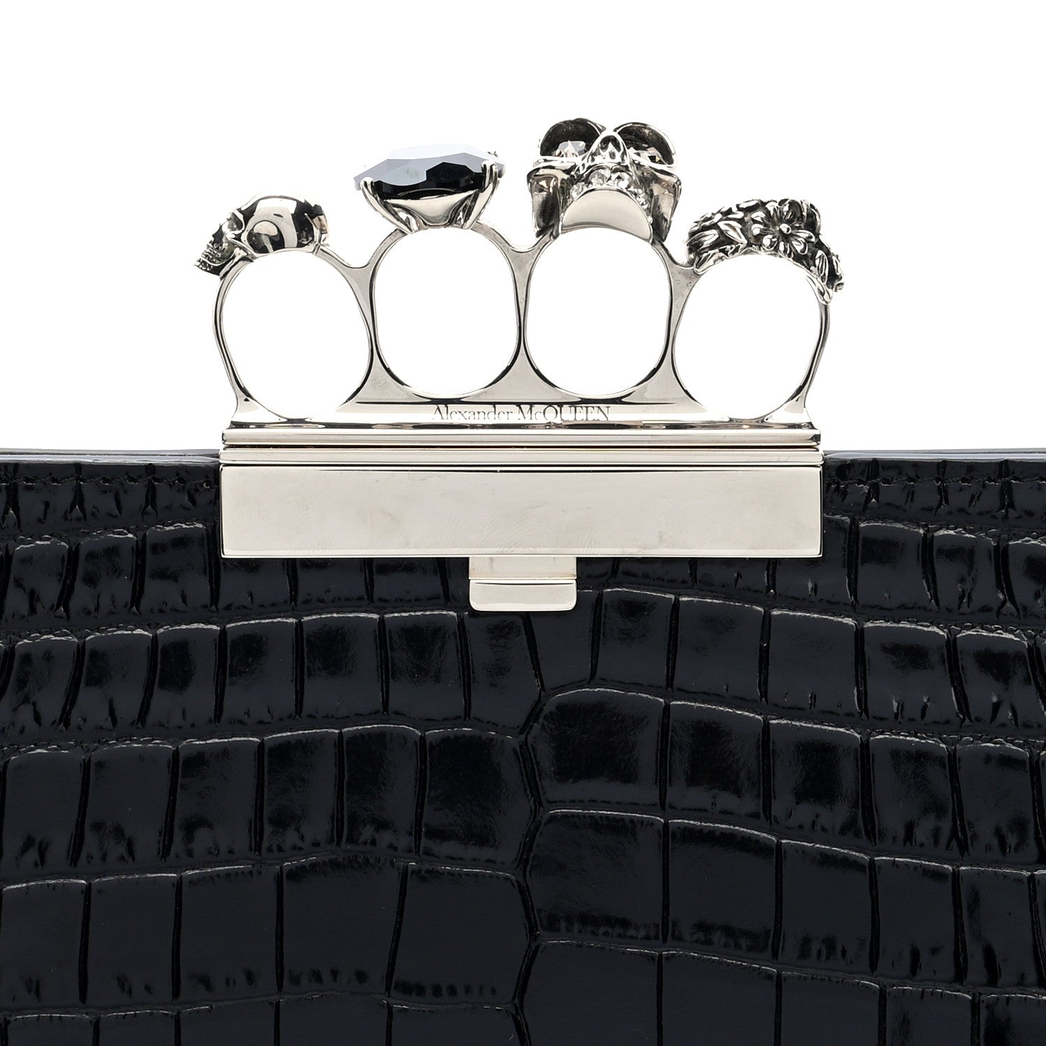 Alexander McQueen Calfskin Crocodile Embossed Knuckle Flat Clutch Black 7 of 7