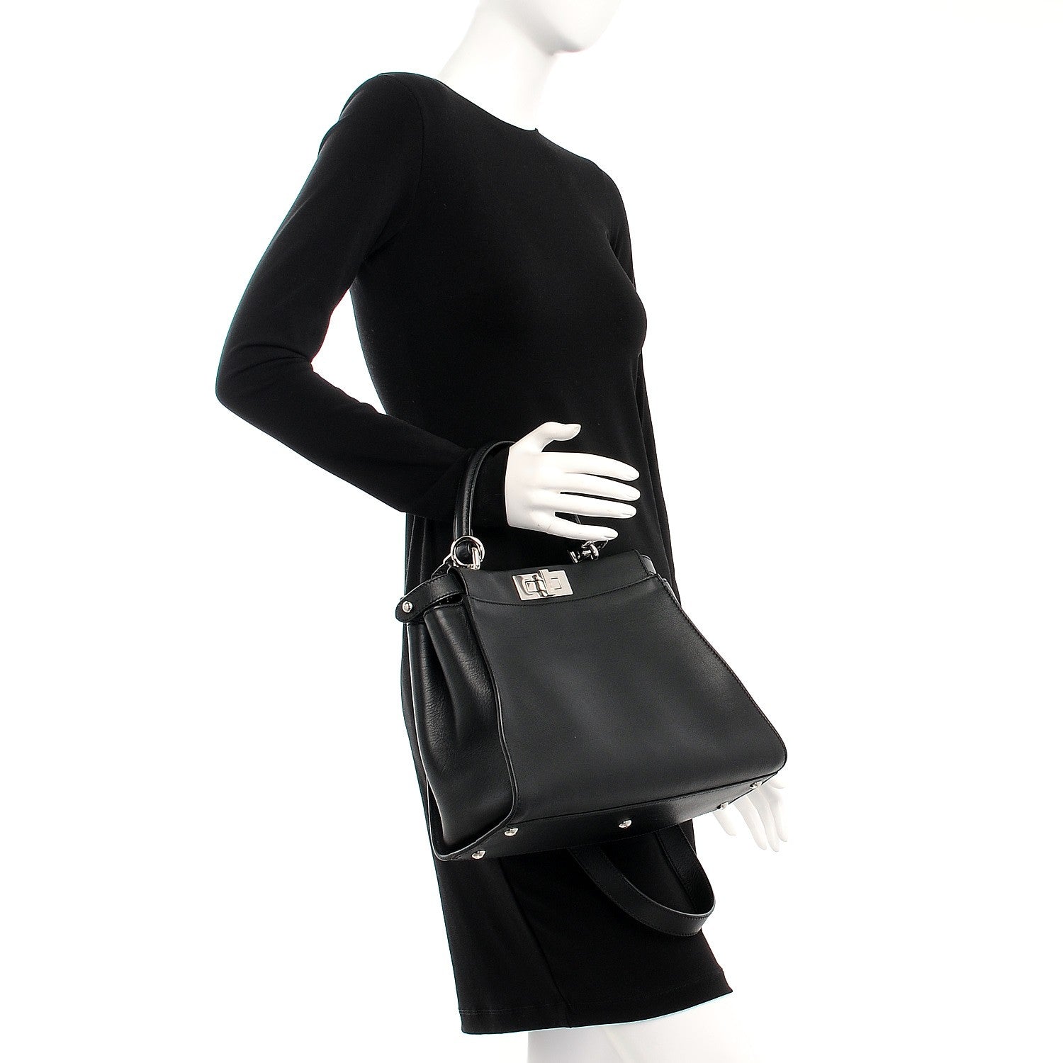 Fendi Vitello Seta Python Crocodile Monster Eyes Medium Peekaboo Iconic Satchel Black Girasole 3 of 8