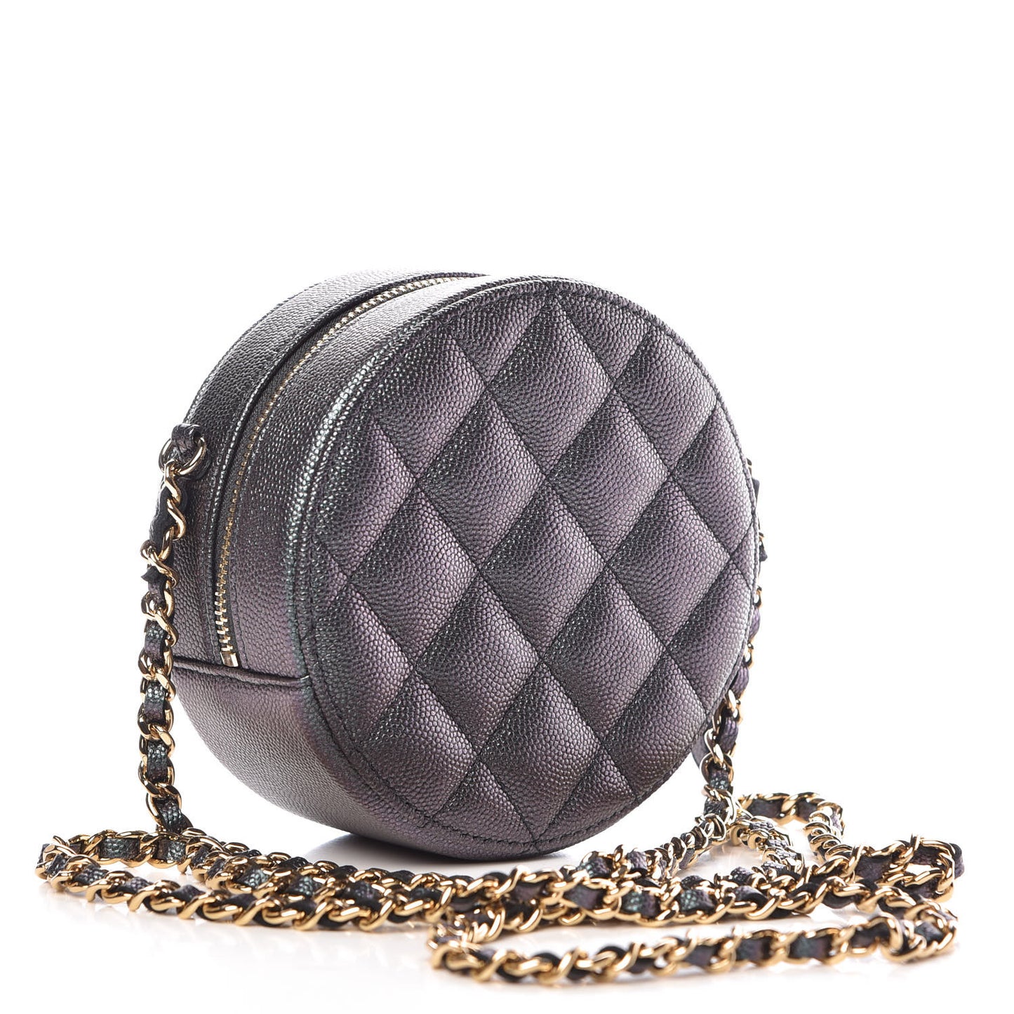 Iridescent Caviar Quilted Round Clutch With Chain Black