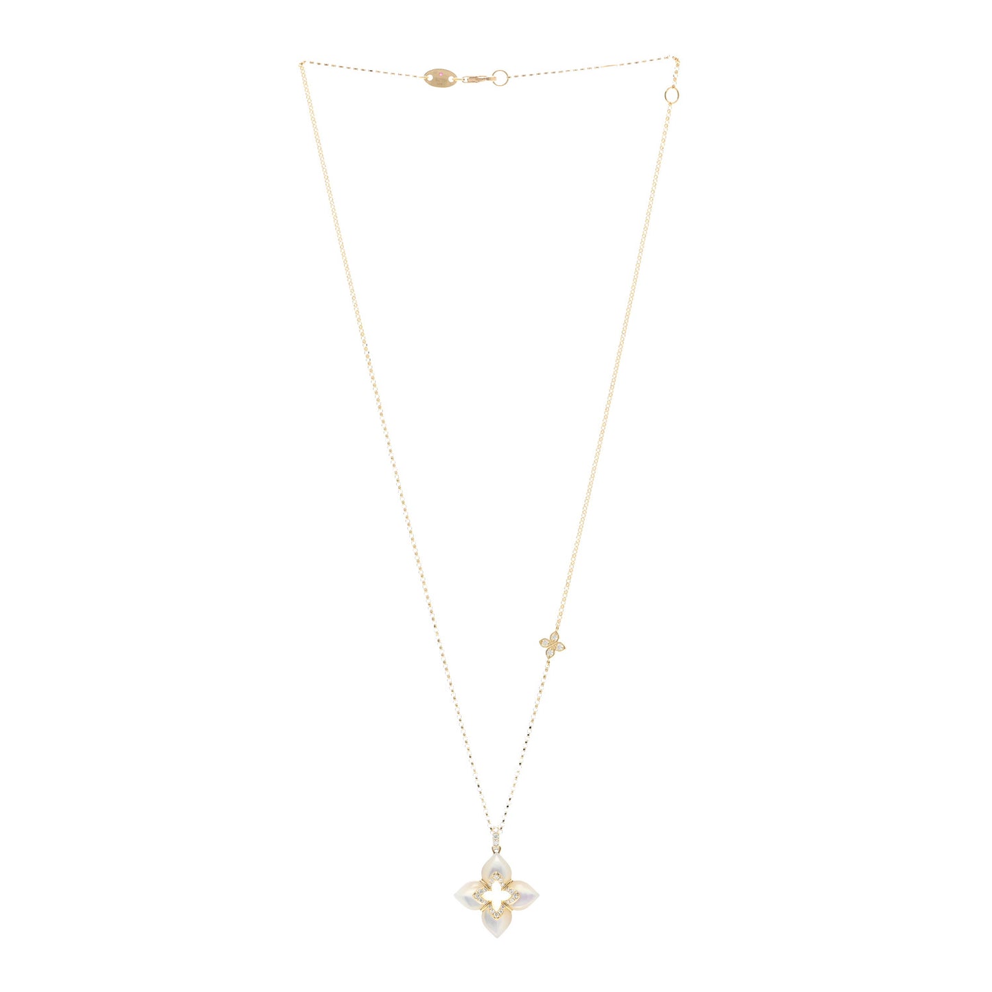 18K Yellow Gold Diamond Mother of Pearl Venetian Princess Cabochon Flower Pendant Necklace