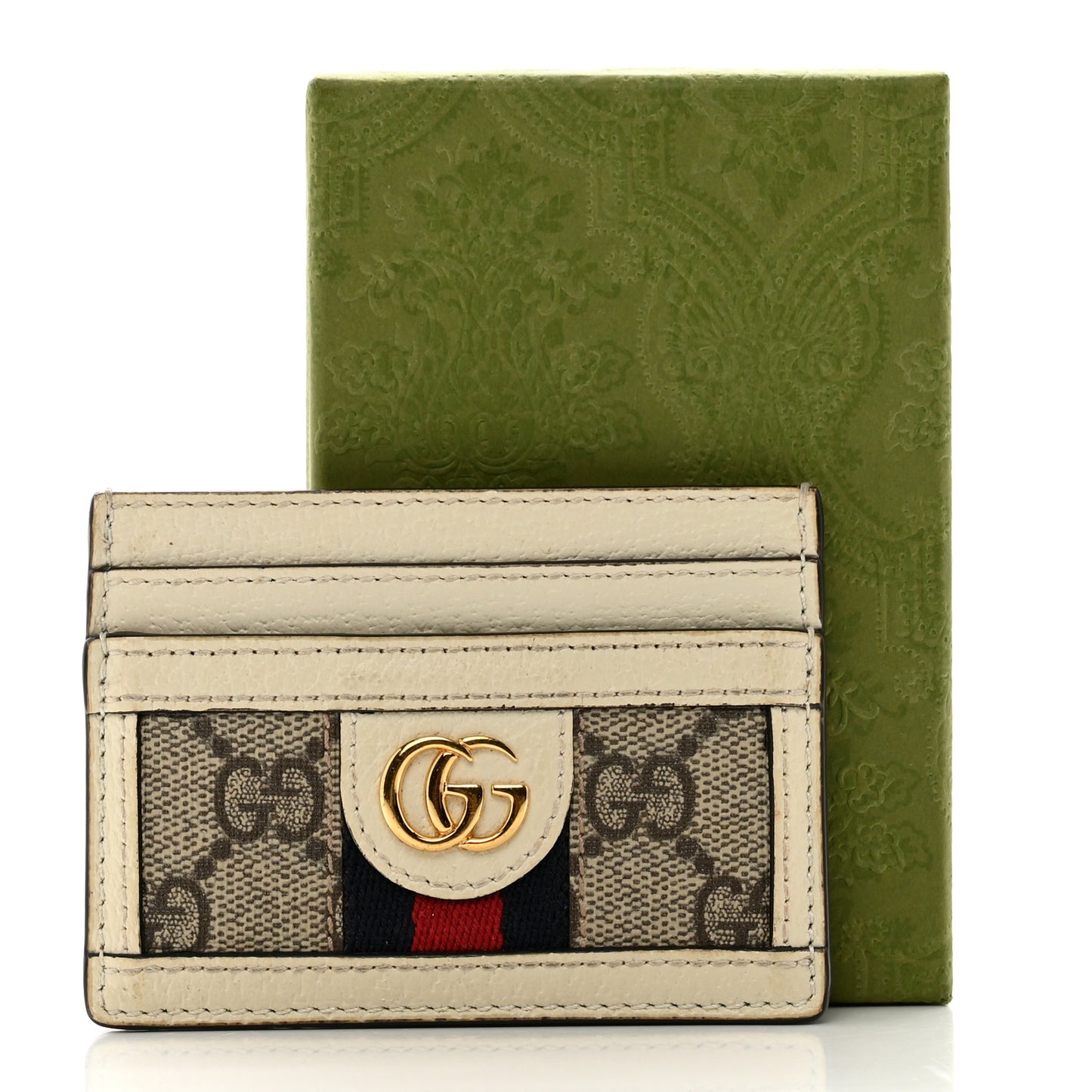GG Supreme Monogram Textured Calfskin Web Ophidia Card Holder Beige Ebony Mystic White