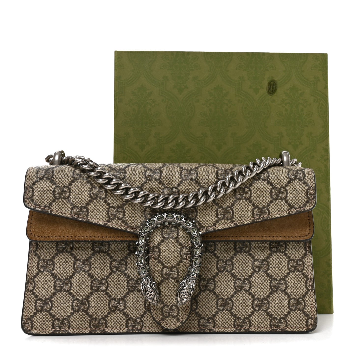 GG Supreme Monogram Suede Crystal Small Dionysus Shoulder Bag Beige Ebony Taupe