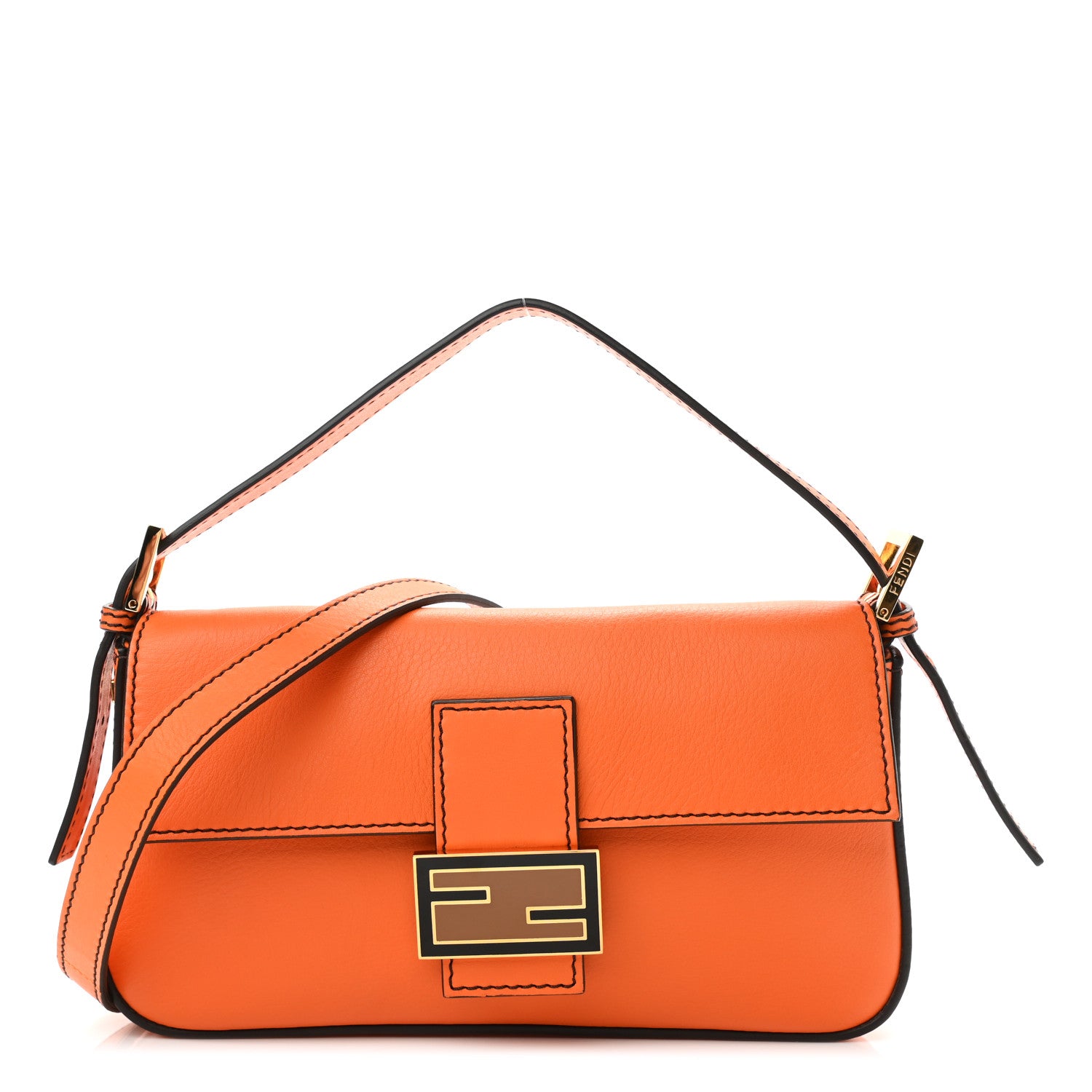 Fendi Vitello Flamingo Enamel Interchangeable Strap Baguette Orange Black Tobacco 1 of 9