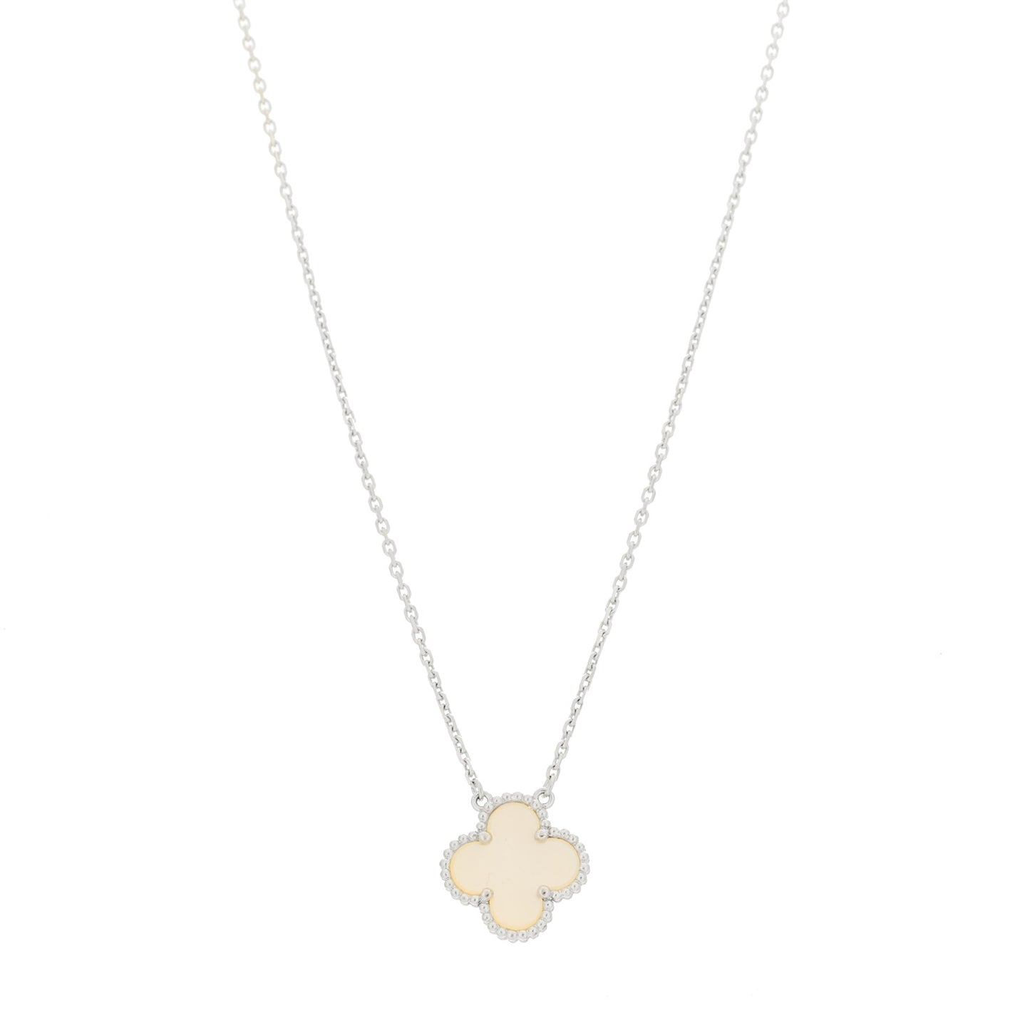 18K White Gold Mother Of Pearl Vintage Alhambra Pendant Necklace