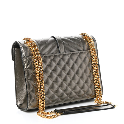 Saint Laurent Metallic Grain De Poudre Textured Mixed Matelasse Triquilt Medium Monogram Satchel Piombo 3 of 9