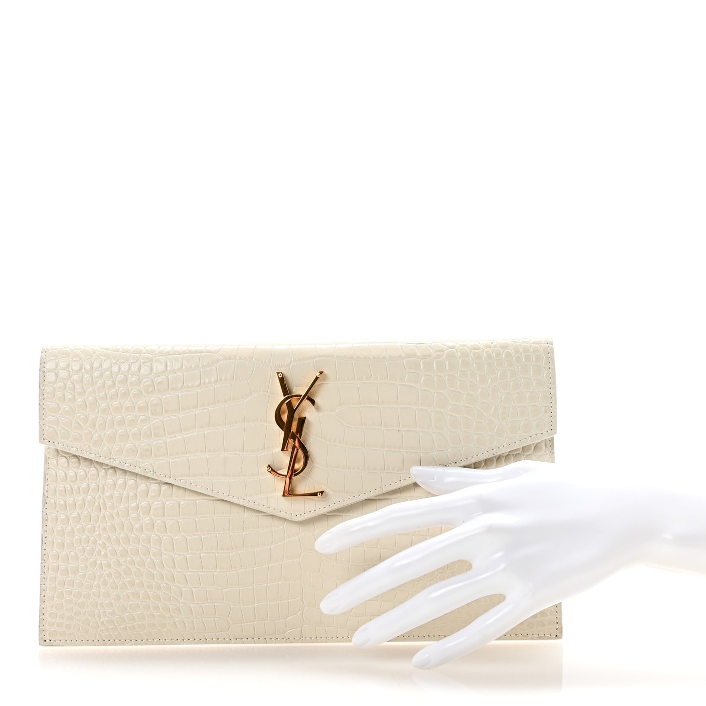 Calfskin Crocodile Embossed Uptown Monogram Clutch Crema Soft