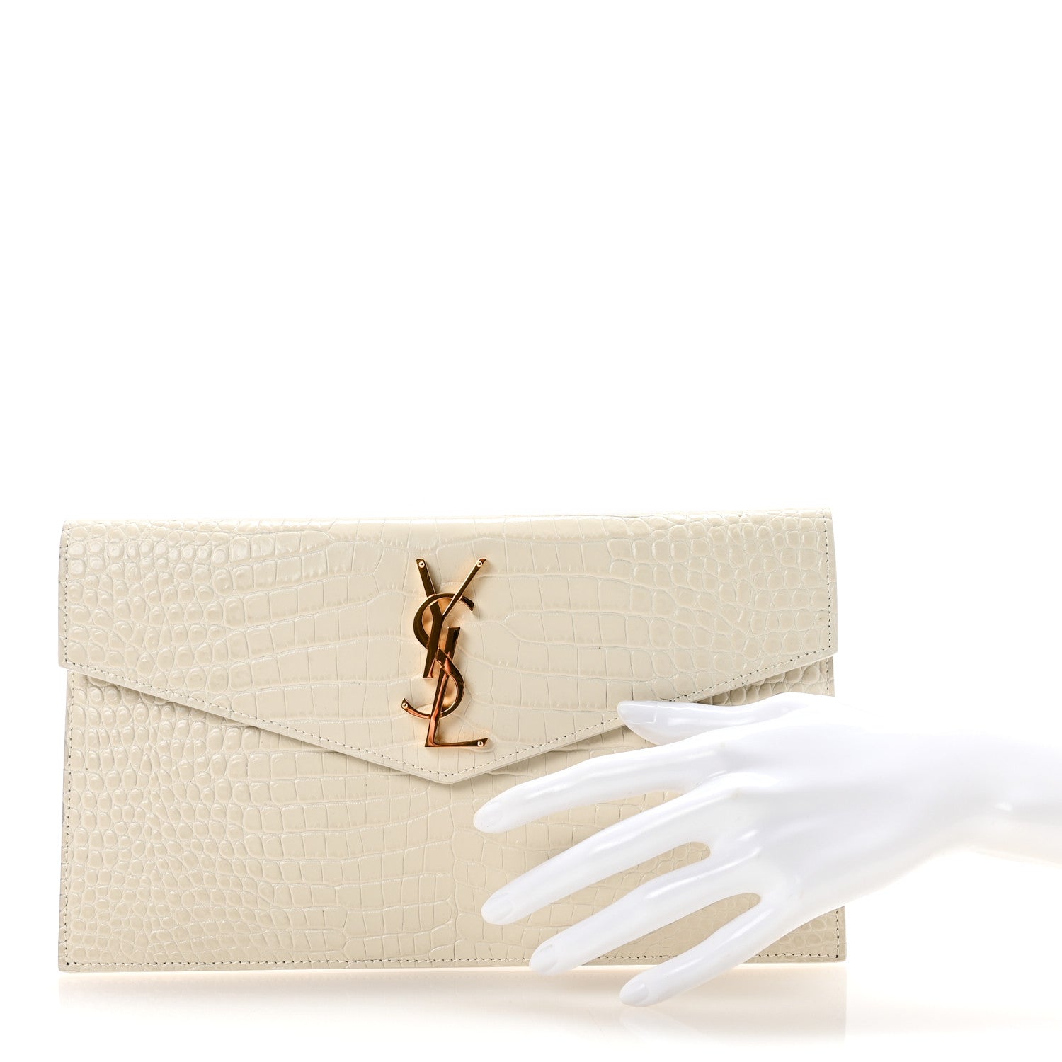 Saint Laurent Calfskin Crocodile Embossed Uptown Monogram Clutch Crema Soft 2 of 6