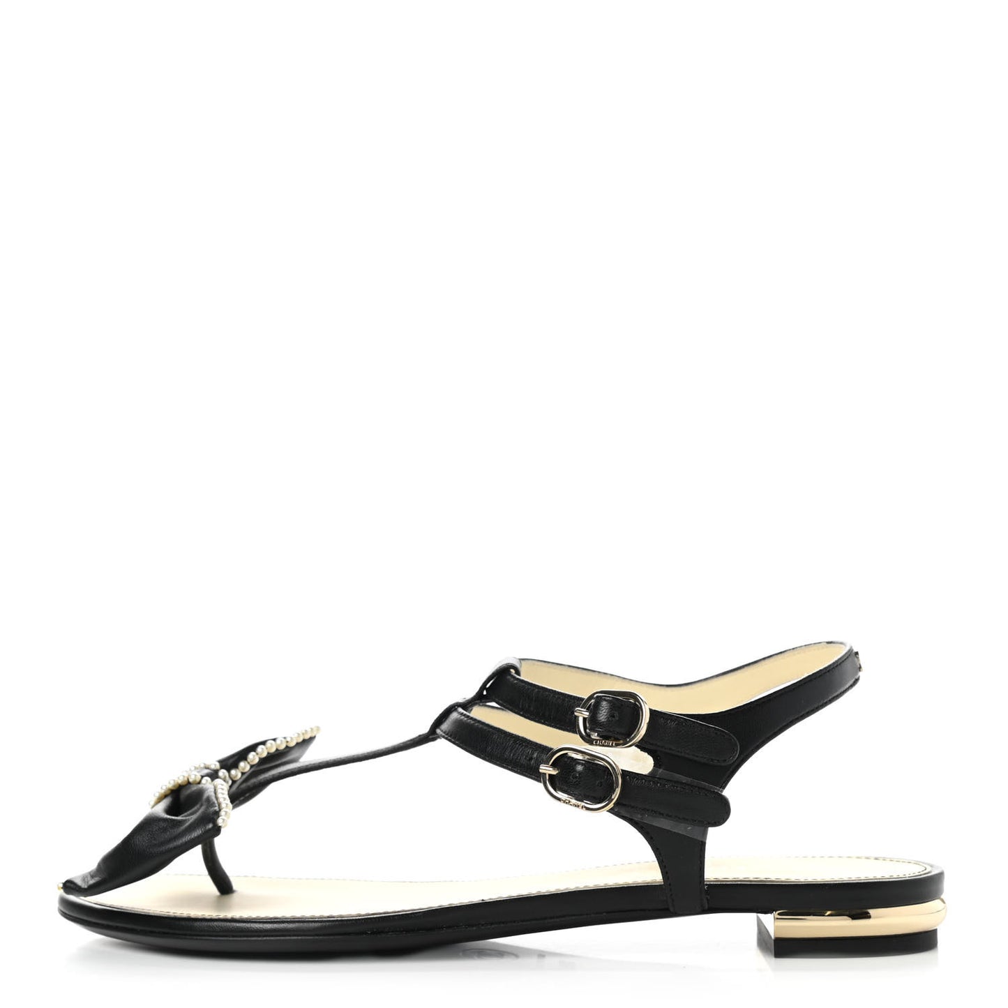 Lambskin Pearl Bow Thong Sandals 36.5 Black
