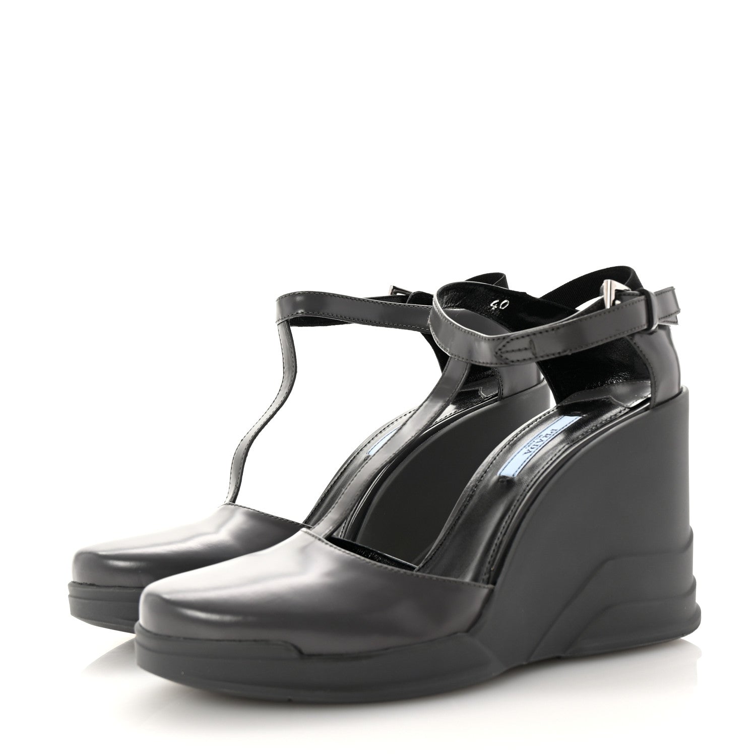Prada Spazzolato Mary Jane T Strap Wedge Pumps 40 Mercurio 4 of 8