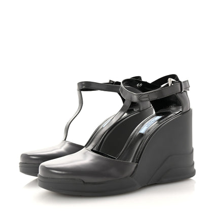 Prada Spazzolato Mary Jane T Strap Wedge Pumps 40 Mercurio 4 of 8