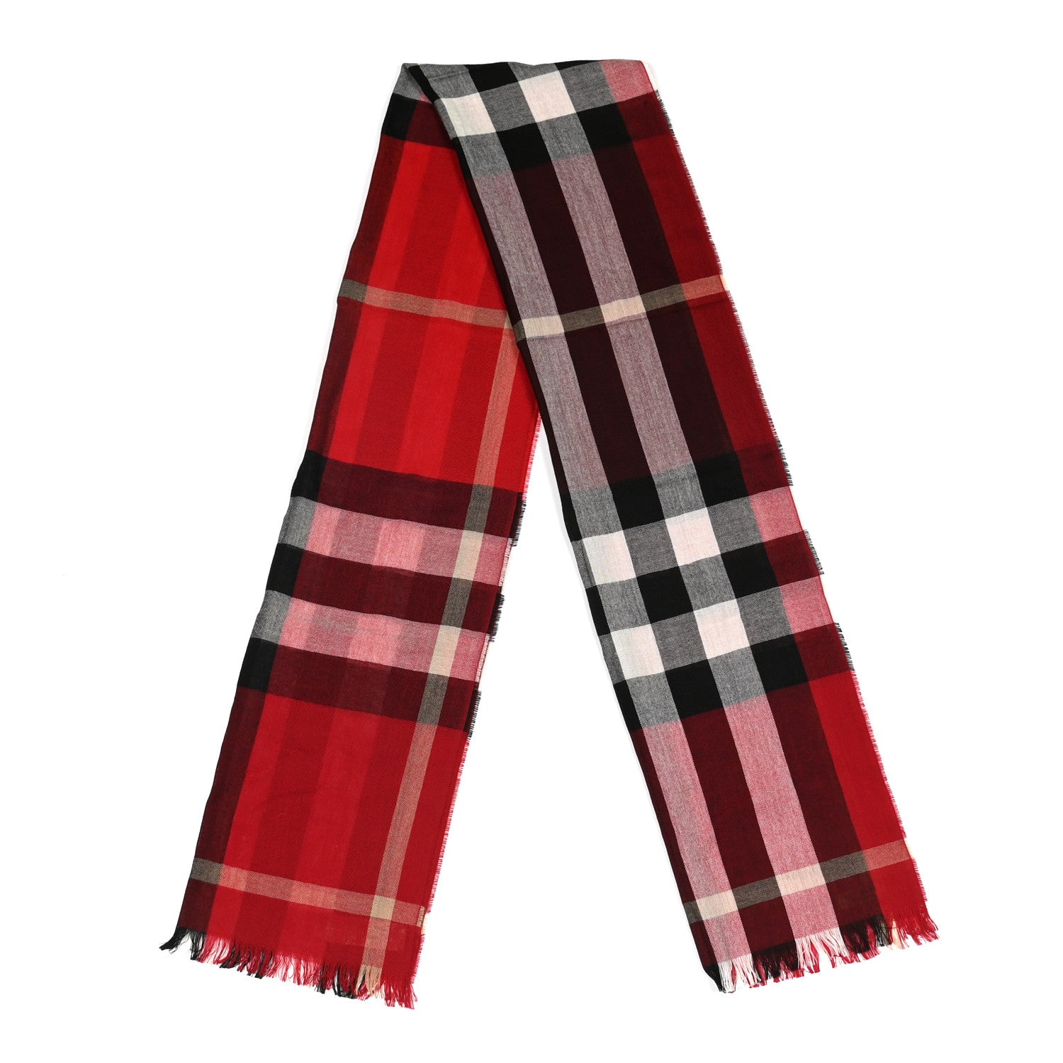 Burberry Wool Cashmere Check Fringe Scarf Red Black 2 of 3
