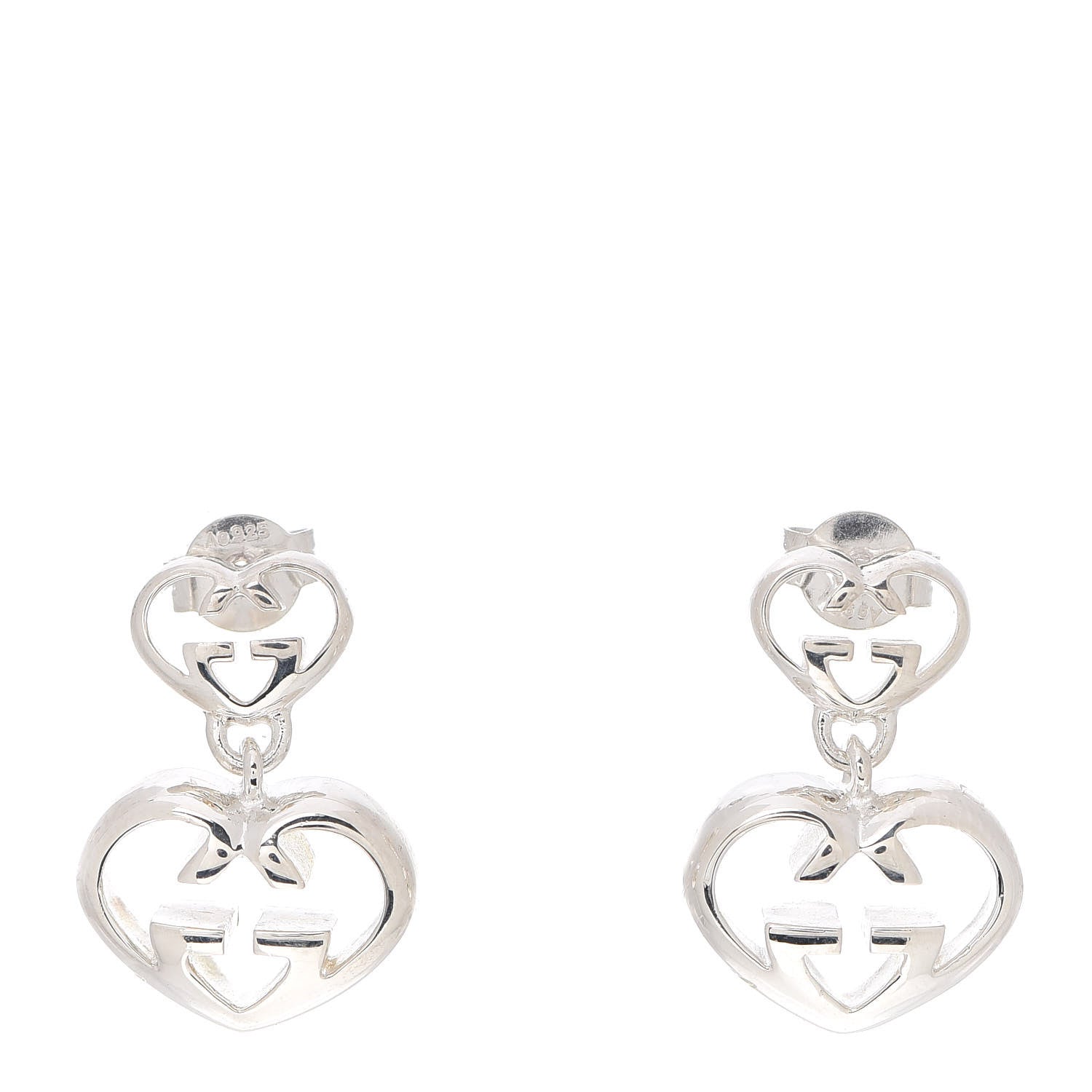 Gucci Sterling Silver Britt Double Heart Drop Earrings 1 of 4