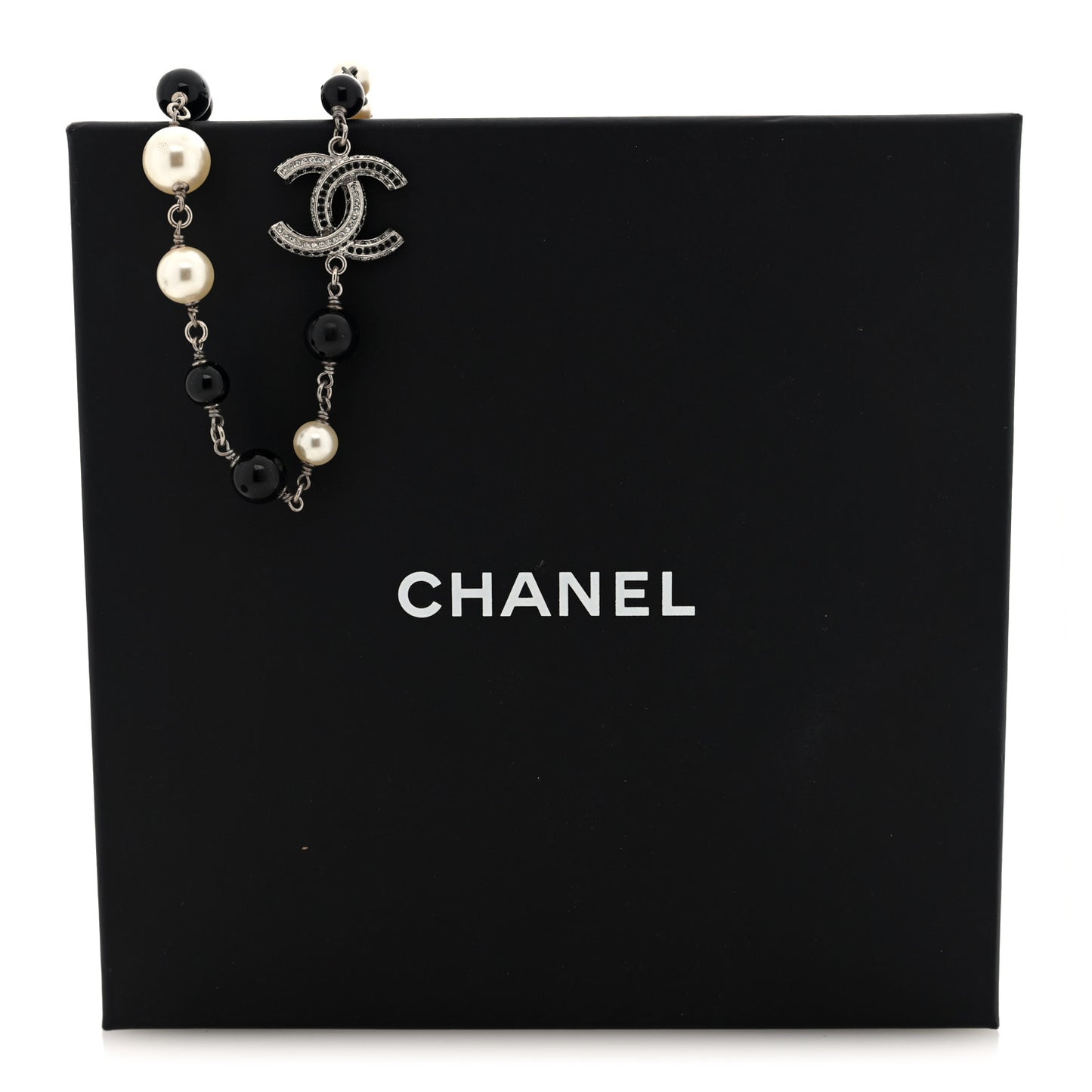 Metal Pearl Bead Crystal CC Necklace Silver Black