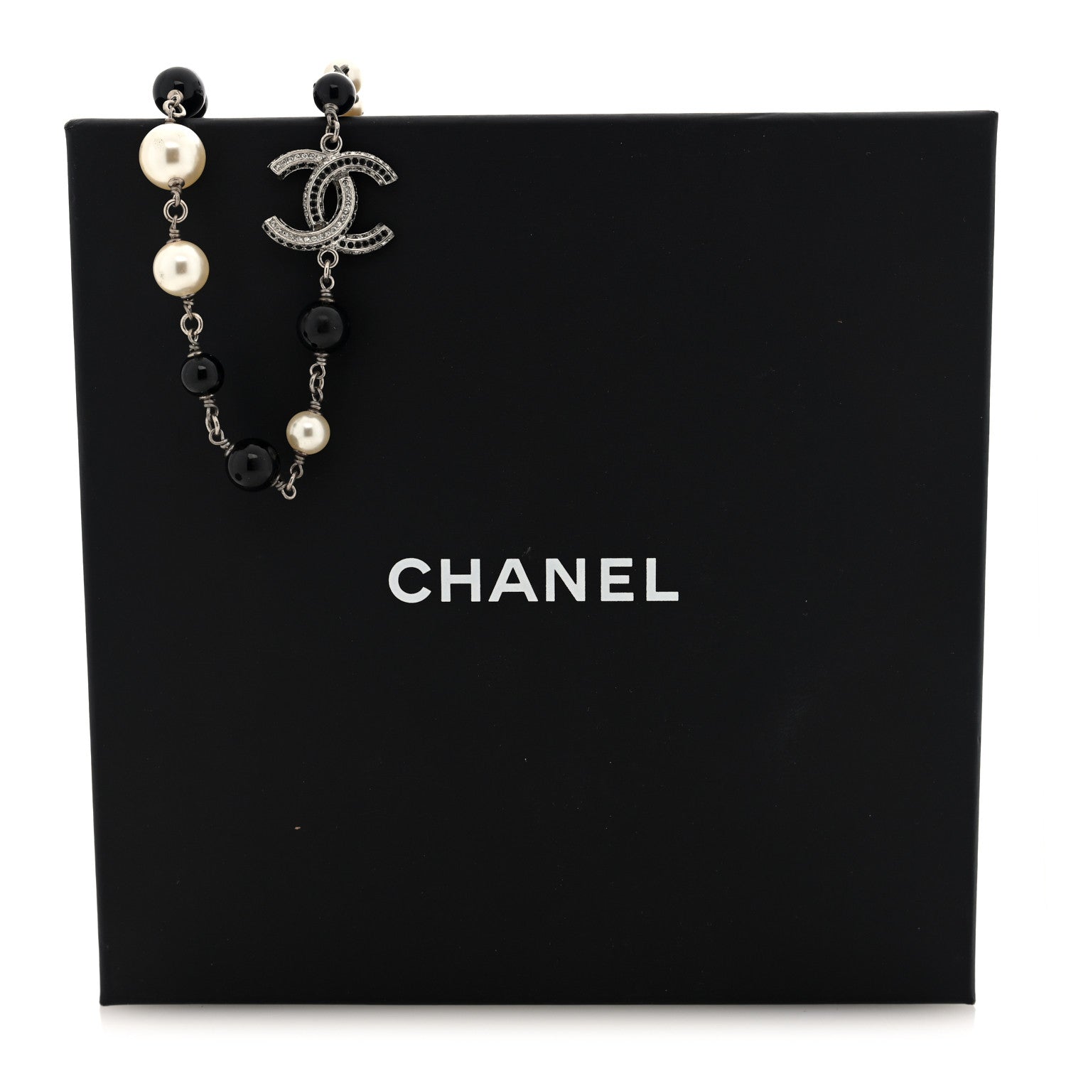 Chanel Metal Pearl Bead Crystal CC Necklace Silver Black 5 of 5