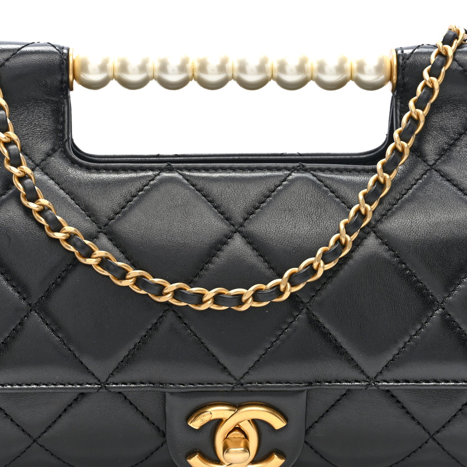 Chanel Shiny Lambskin Pearl Top Handle Flap Shopping Bag Black