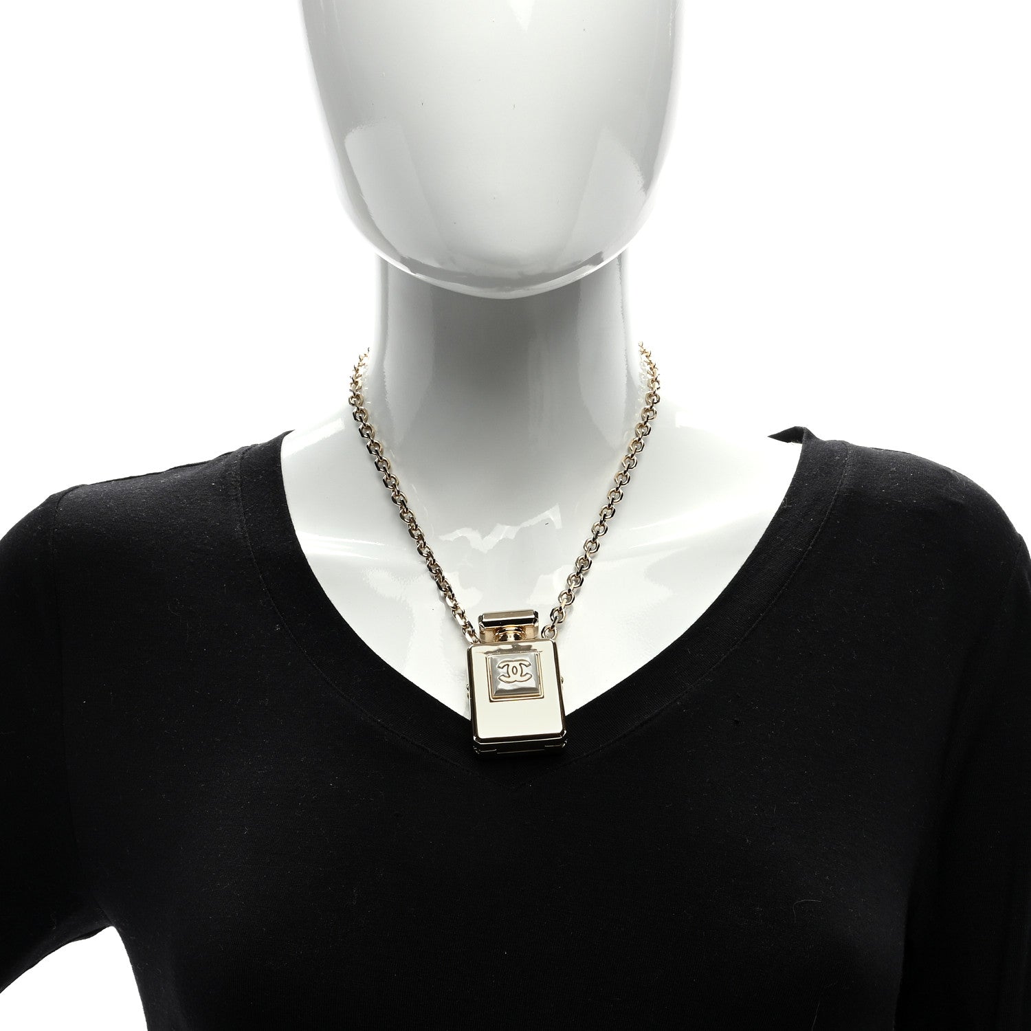 Chanel Metal Pearl Perfume Bottle CC Locket Necklace Gold 5 of 5