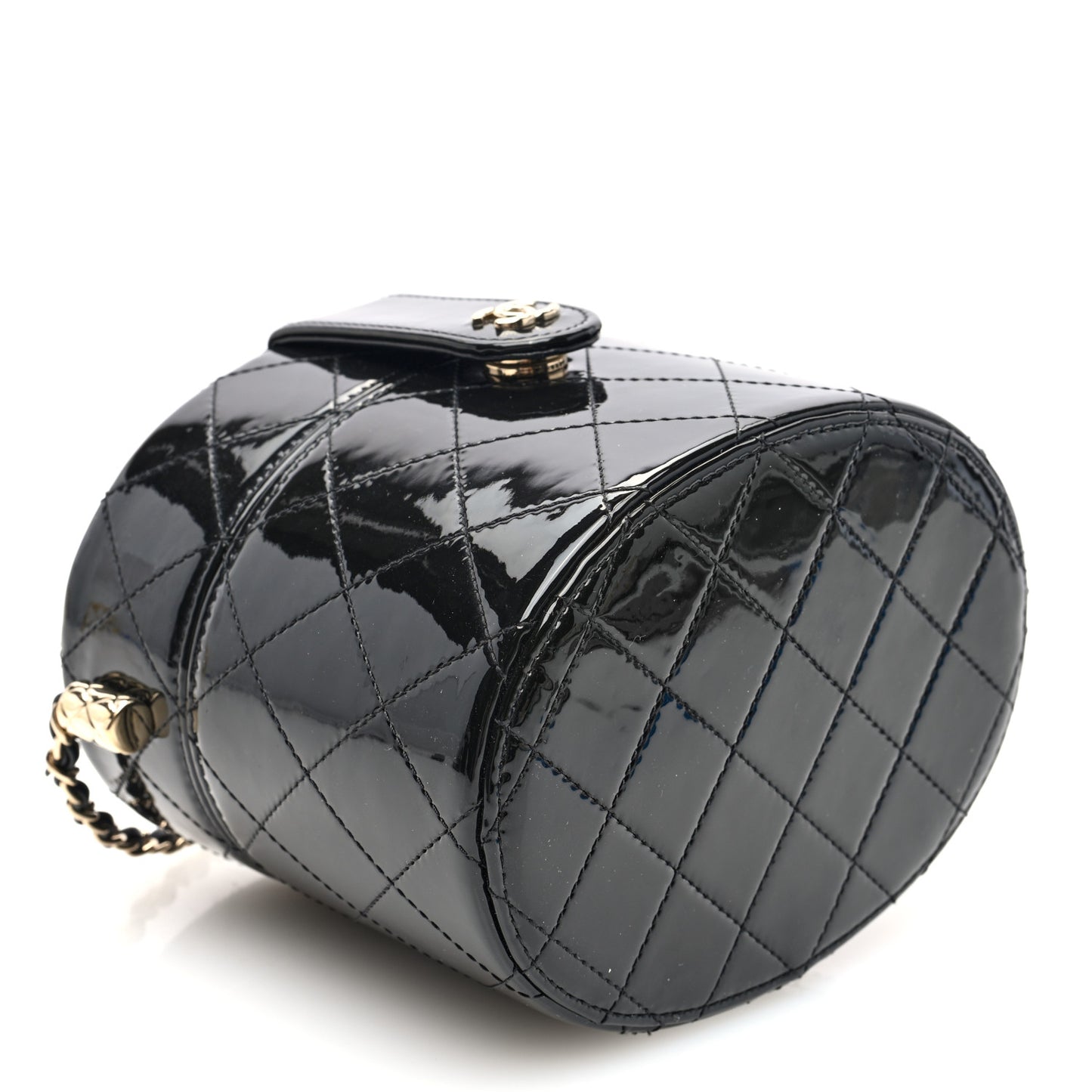 Patent Quilted Round Clutch With Chain Black