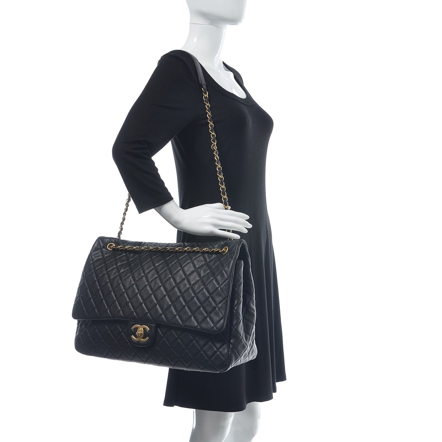 Calfskin Quilted XXL Travel Flap Bag Black