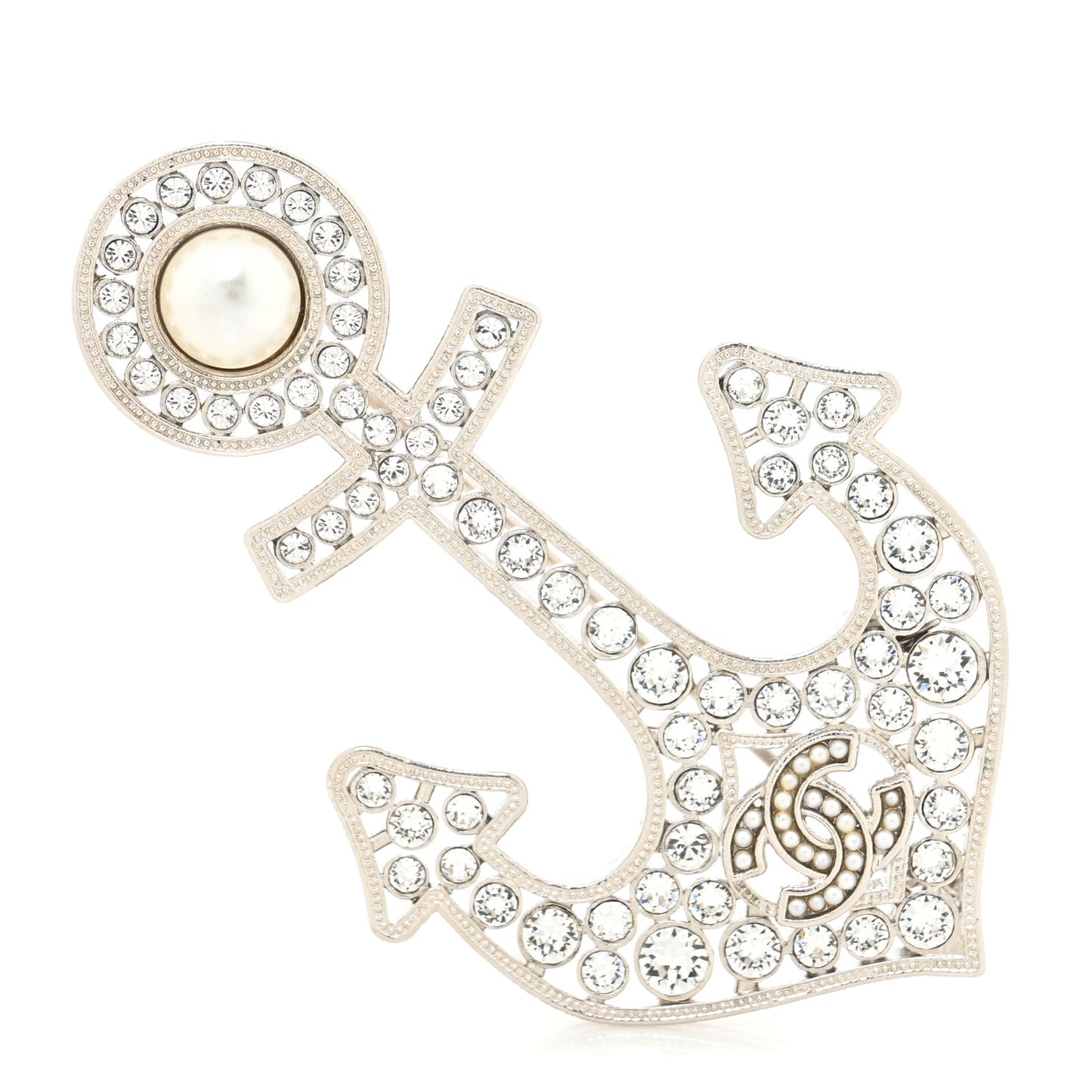 Crystal Pearl CC Anchor Brooch Silver