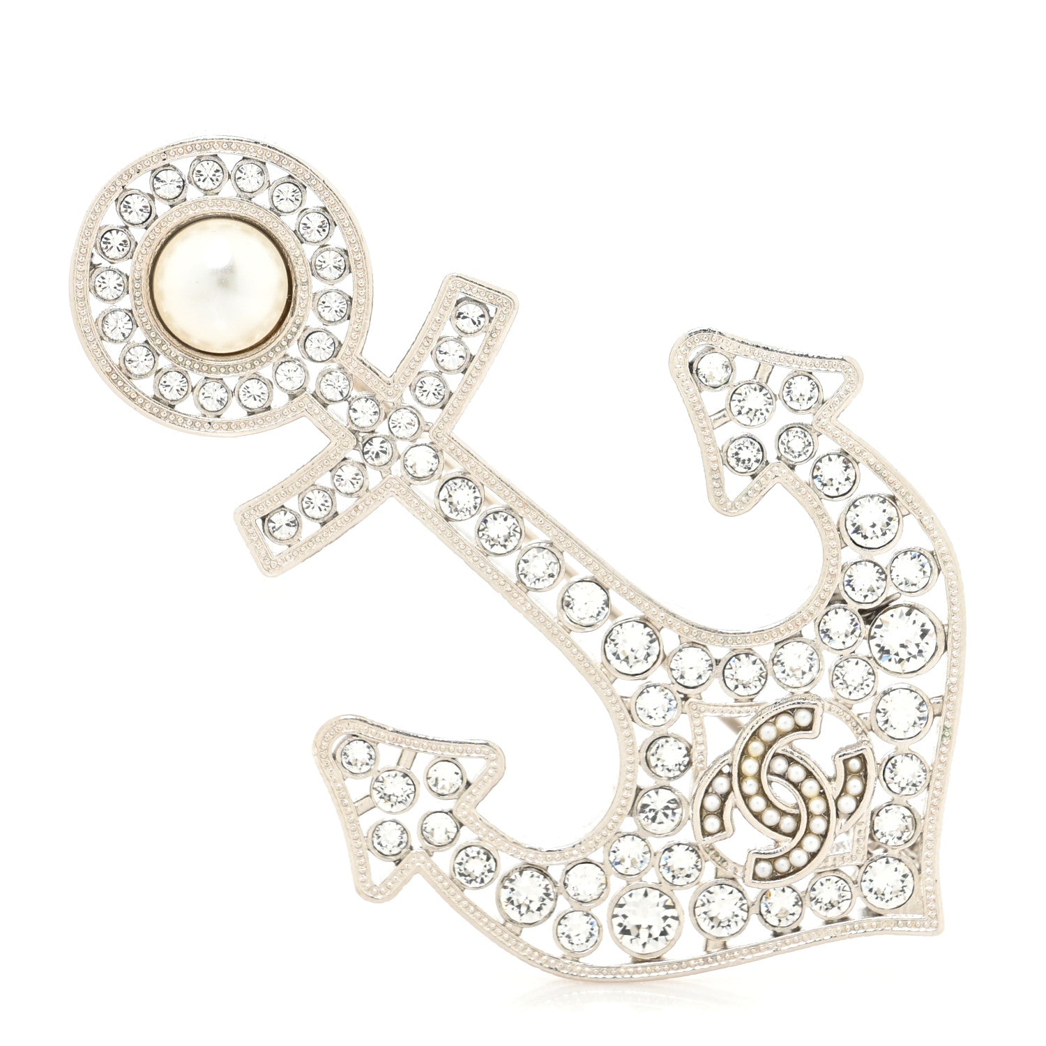 Chanel Crystal Pearl CC Anchor Brooch Silver 1 of 3
