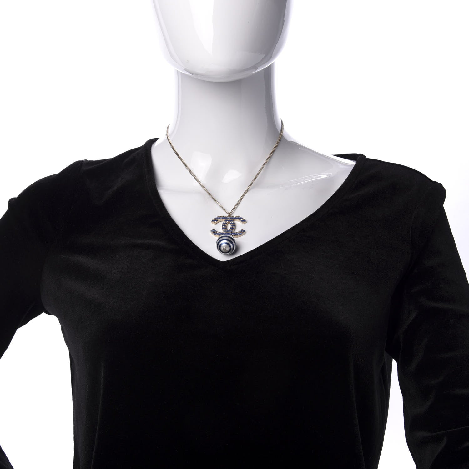 Chanel Resin Pearl Striped CC Drop Necklace Blue Gold 2 of 7