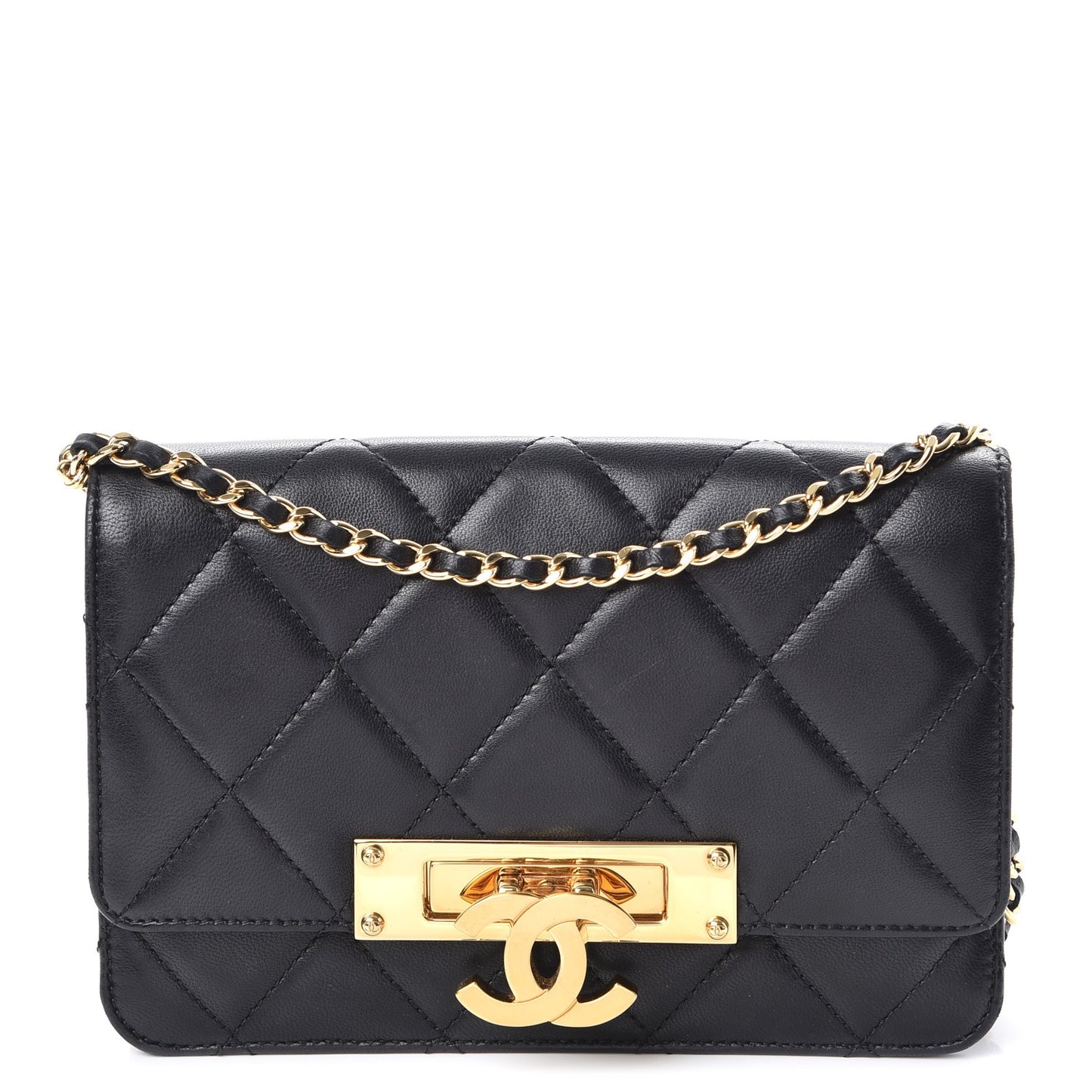 Lambskin Quilted Golden Class Wallet on Chain WOC Black