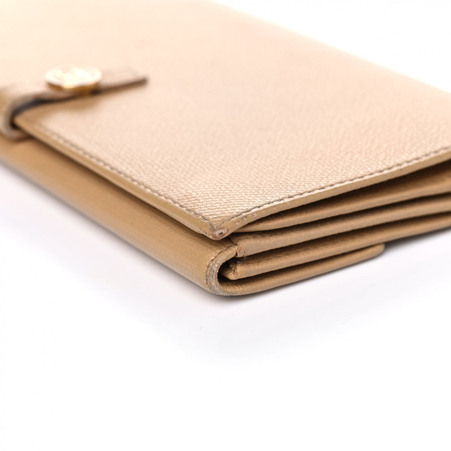 Grained Calfskin CC Button Long Wallet Beige