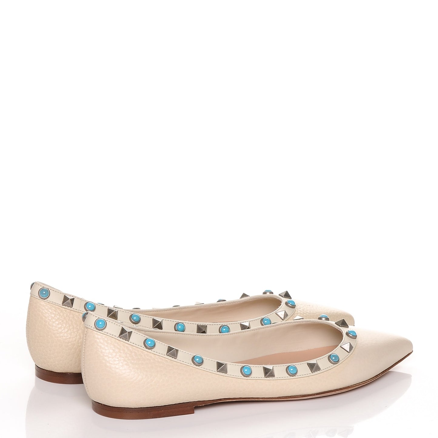 Pebbled Calfskin Rockstud Rolling Ballerina Flats 37 Ivory