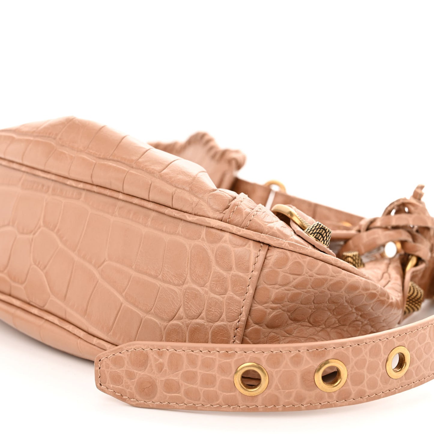 Extra Supple Calfskin Crocodile Embossed Le Cagole Shoulder Bag XS Nude Beige