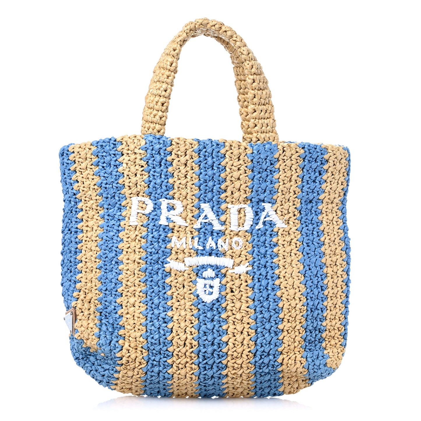 Yarn Raffia Effect Crochet Striped Small Logo Tote Naturale Celeste