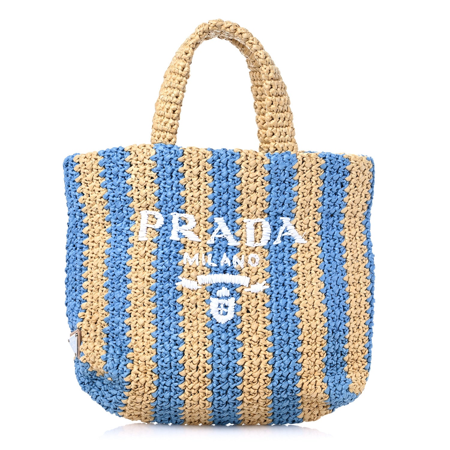 Prada Yarn Raffia Effect Crochet Striped Small Logo Tote Naturale Celeste 1 of 8
