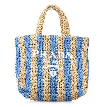 Prada Yarn Raffia Effect Crochet Striped Small Logo Tote Naturale Celeste 1 of 8