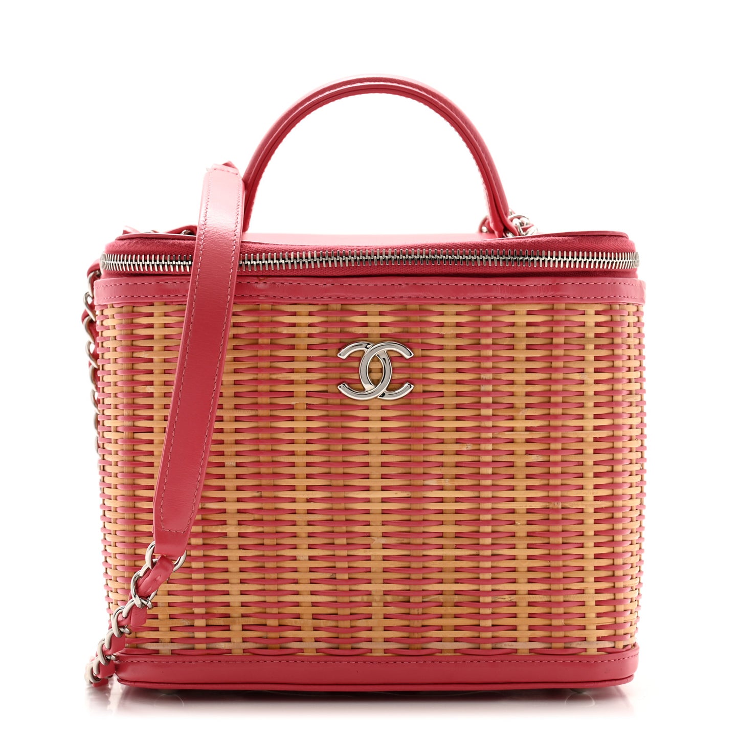 Glazed Calfskin Raffia Vanity Case Bag Pink