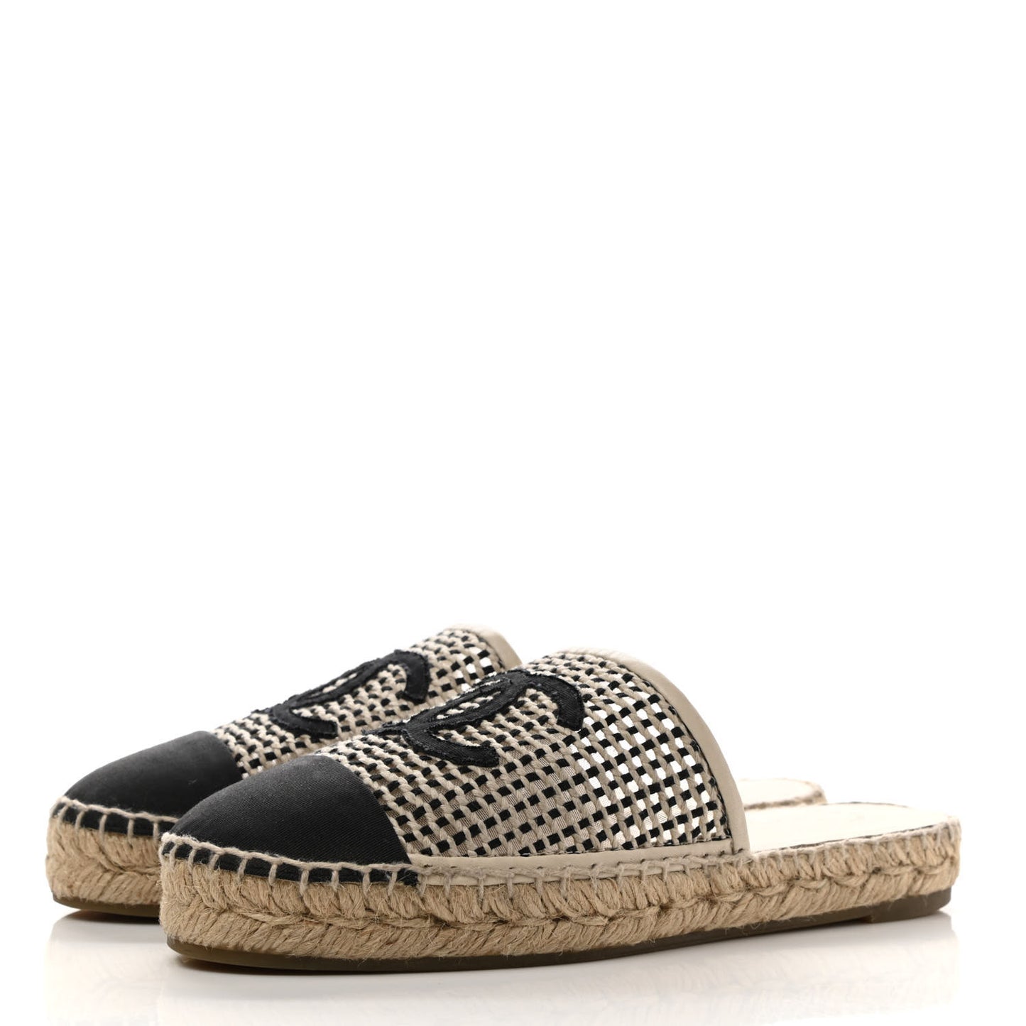 Mesh Grosgrain CC Espadrilles Mule 36 Beige Black